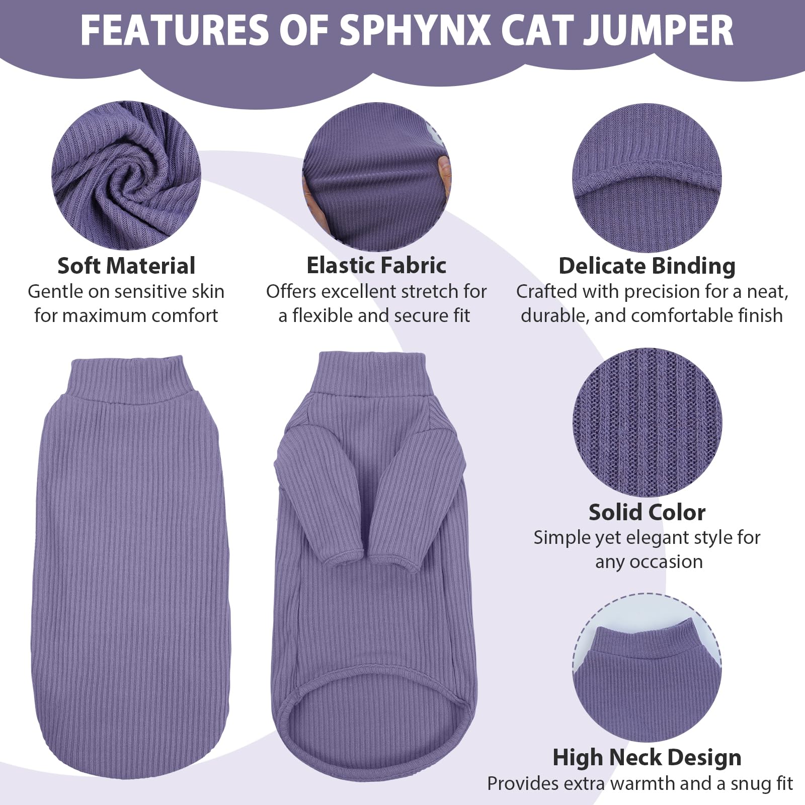 Hairless Cat Sweater, Sphynx Cat Clothes, Kitten Clothes, Breathable Sweaters Cats, Kitten Pullover Sleeves, Cat Jumpers Cats Only, Cat Clothes Sphynx, Cornish Rex, Devon Rex, TaroPurple — view 2