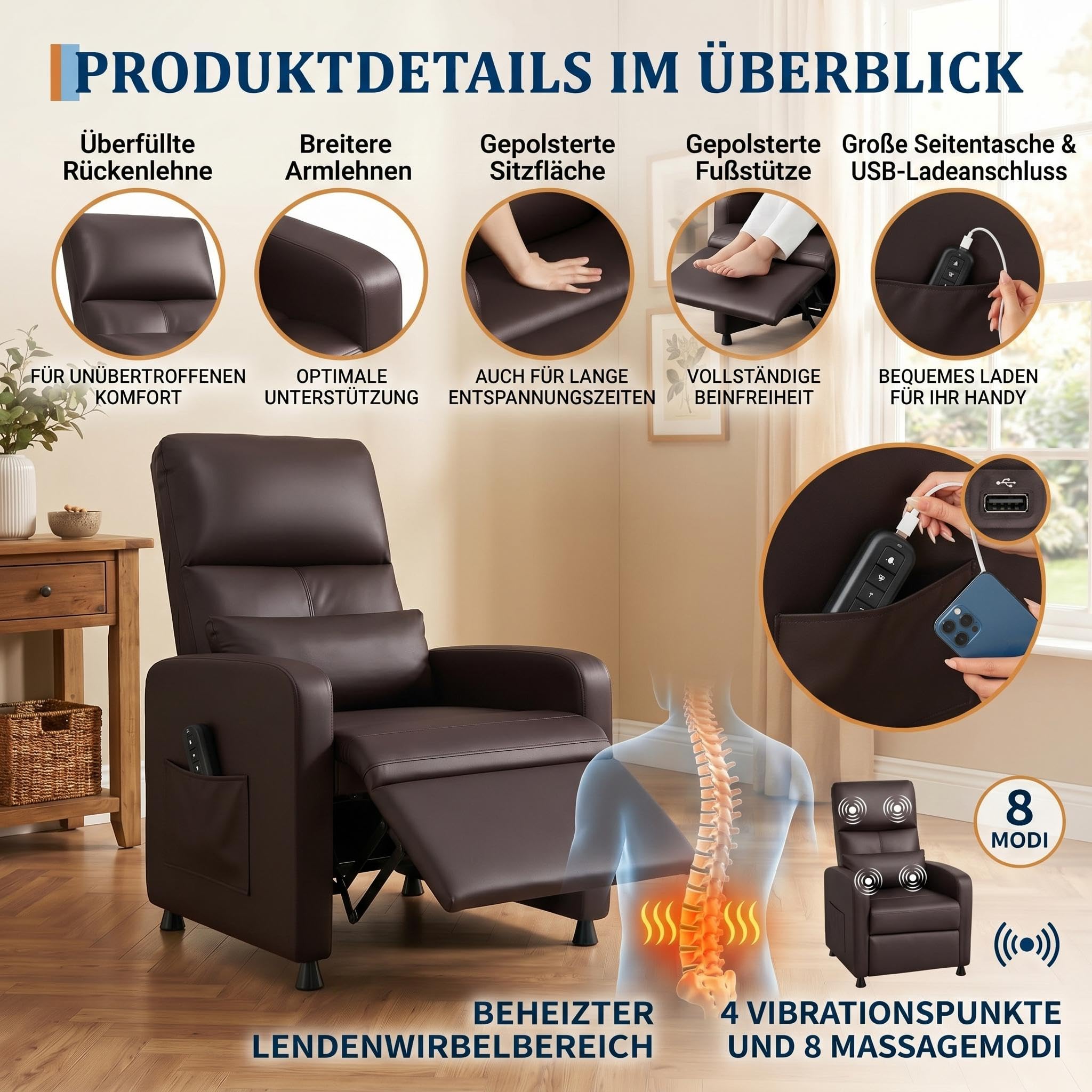 Massagesessel Elektrisch mit 8 Massagemodi, Relaxsessel mit Liegefunktion & Heizfunktion, Fernsehsessel mit Lendenstütze, USB-Anschluss & Seitentasche, Sessel für Wohnzimmer, belastbar bis 180 kg