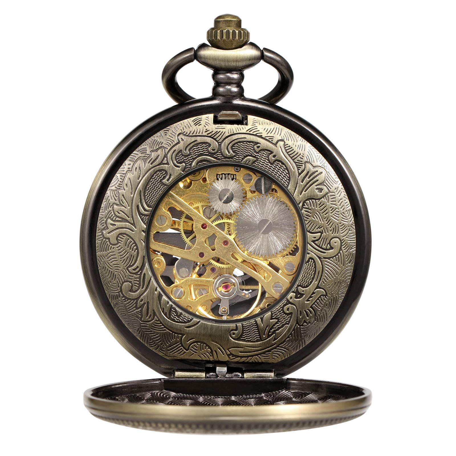 TREEWETO Montre de poche analogique avec chaîne pour homme - Double boîtier - Chiffres romains - Bronze/noir/doré