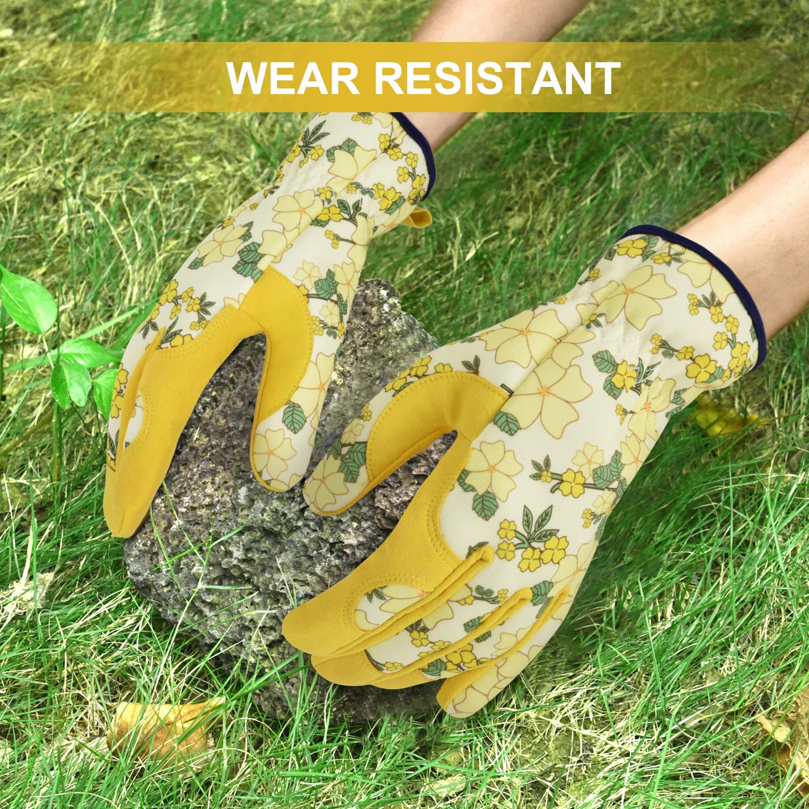 Damen-Gartenhandschuhe, Leder-Gartenhandschuh für Damen, dornensicher, kein Stich zum Graben, Pflanzen, Beschneiden (Größe L, Gelb)