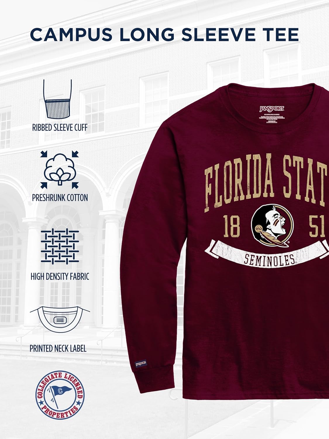 JanSport NCAA Officially Licensed Campus Long Sleeve T Shirt for Men, Soft & Breathable Pre-Shrunk Cotton Crewneck T Shirt