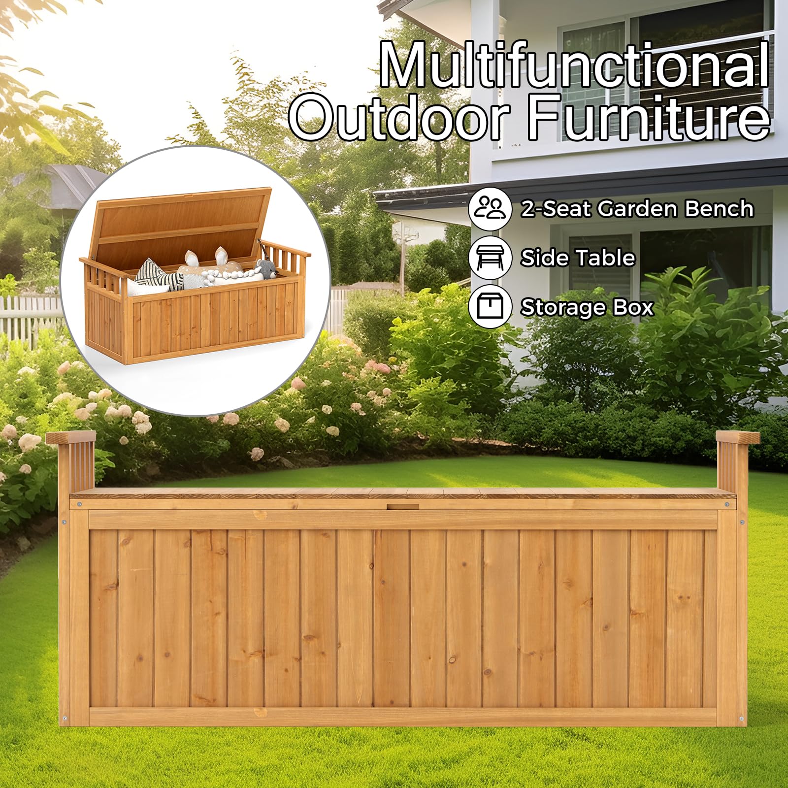 HOMASIS Cassapanca da Esterno Impermeabile 209L, Baule da Esterno in Legno con Coperchio e Braccioli, Panca Contenitore Resistente alle Intemperie per Balcone, Terrazzo, 128 x 58 x 53 cm (Naturale)