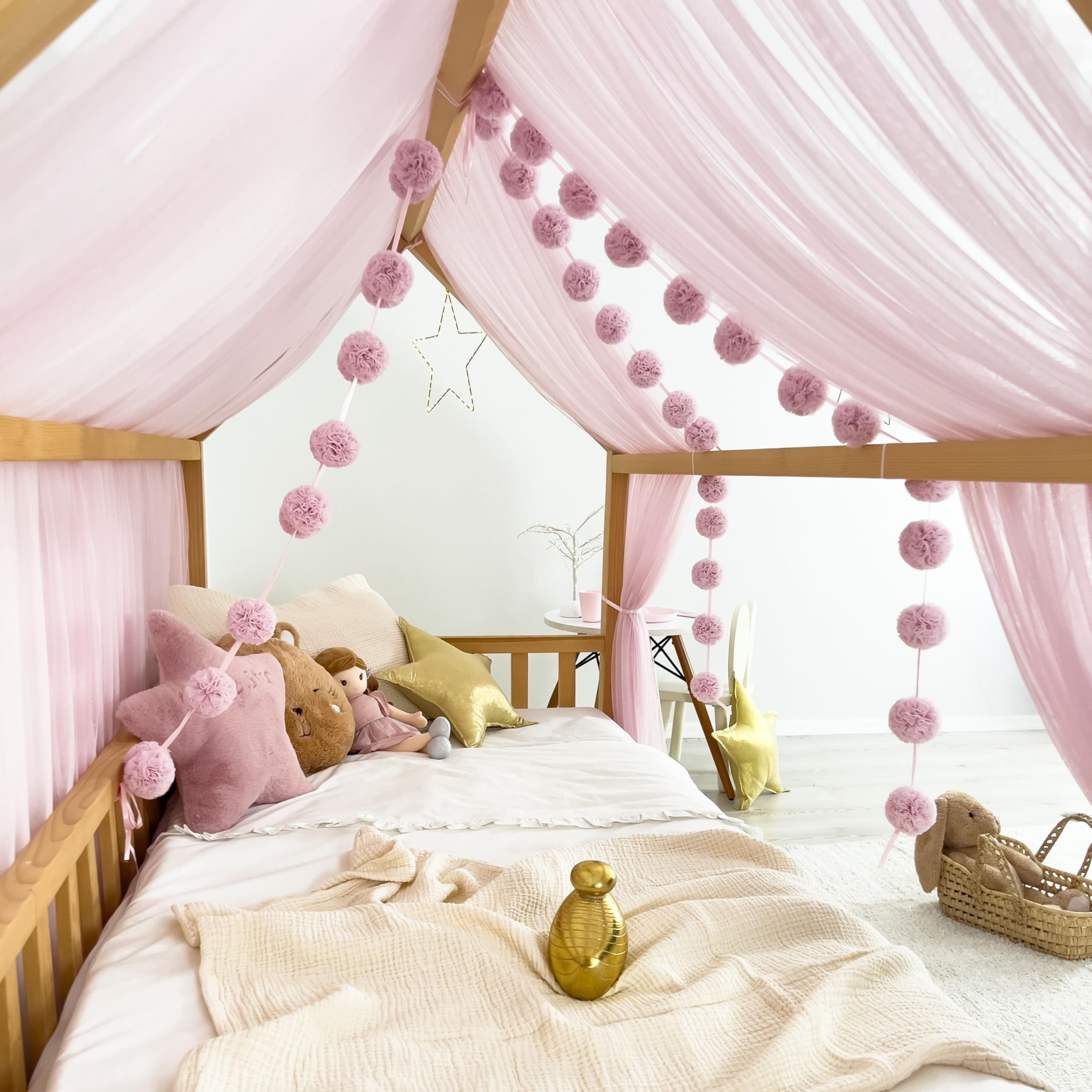Tenda a baldacchino per letto della cameretta dei bambini, decorazione per letto montessori, tenda da gioco in morbido tulle per i più piccoli (Baby lilla, 460 cm, set da 3)