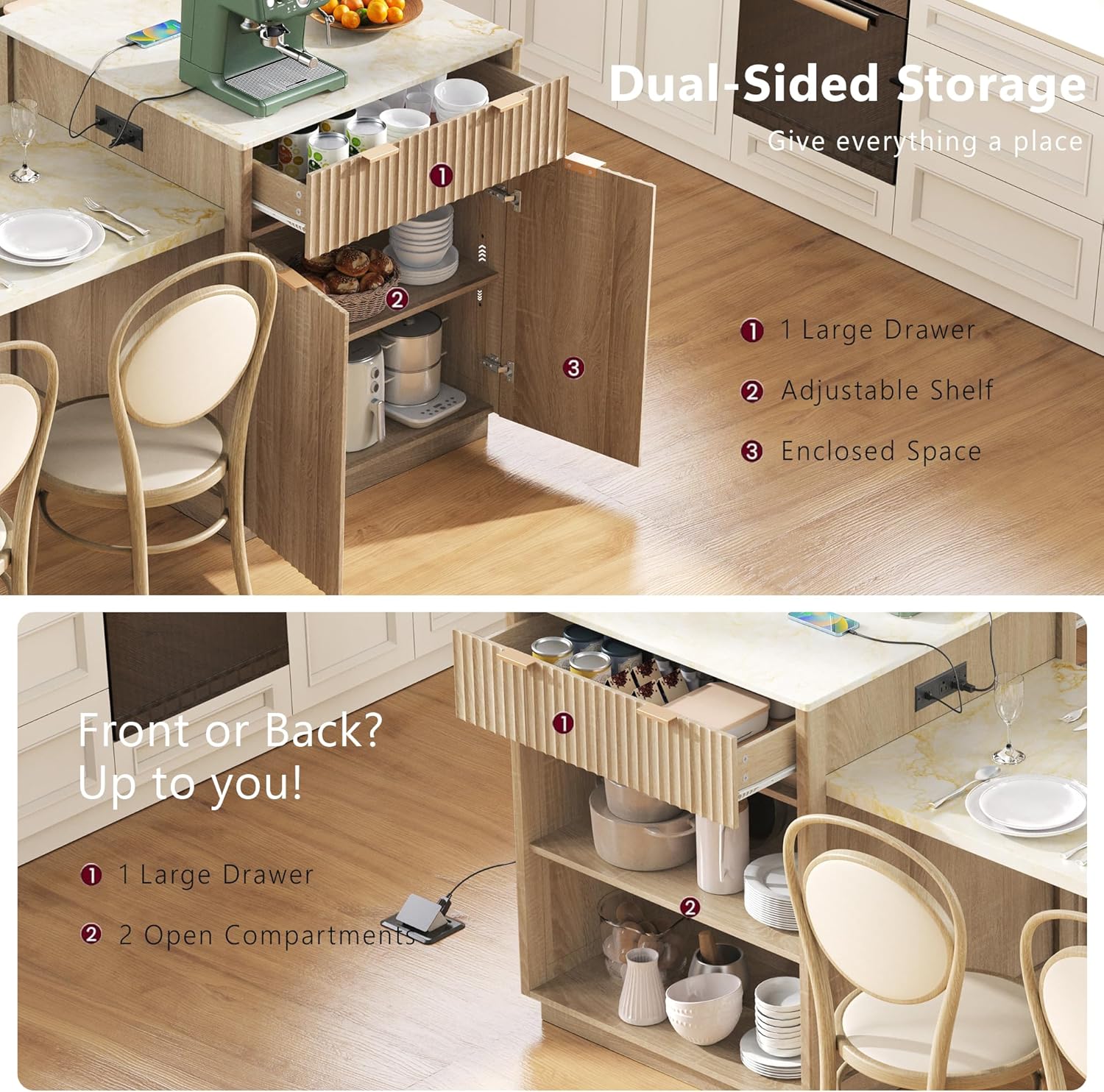 Merax 82.6" Fluted Kitchen Island with Extendable Dining Table for 4-6, Island Table for Kitchen with Power Outlet, Kitchen Table with Double-Side Storage, 2 Drawers 2 Side Open Shelves, Natural