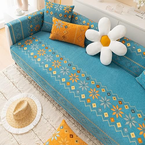 Miniatura 4 de Funda de sofá de chenilla para sofá modular, diseño geométrico bohemio y jacquard antideslizante, protector de muebles para niños, perros y