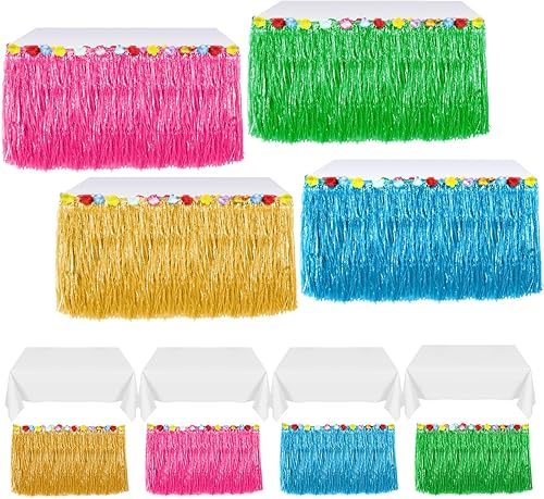 Miniatura 1 de Tatuo Paquete de 4 faldas de mesa de hierba Luau de 9 pies con flores de hibisco hawaiano con 4 manteles de plástico para fiestas tropicales