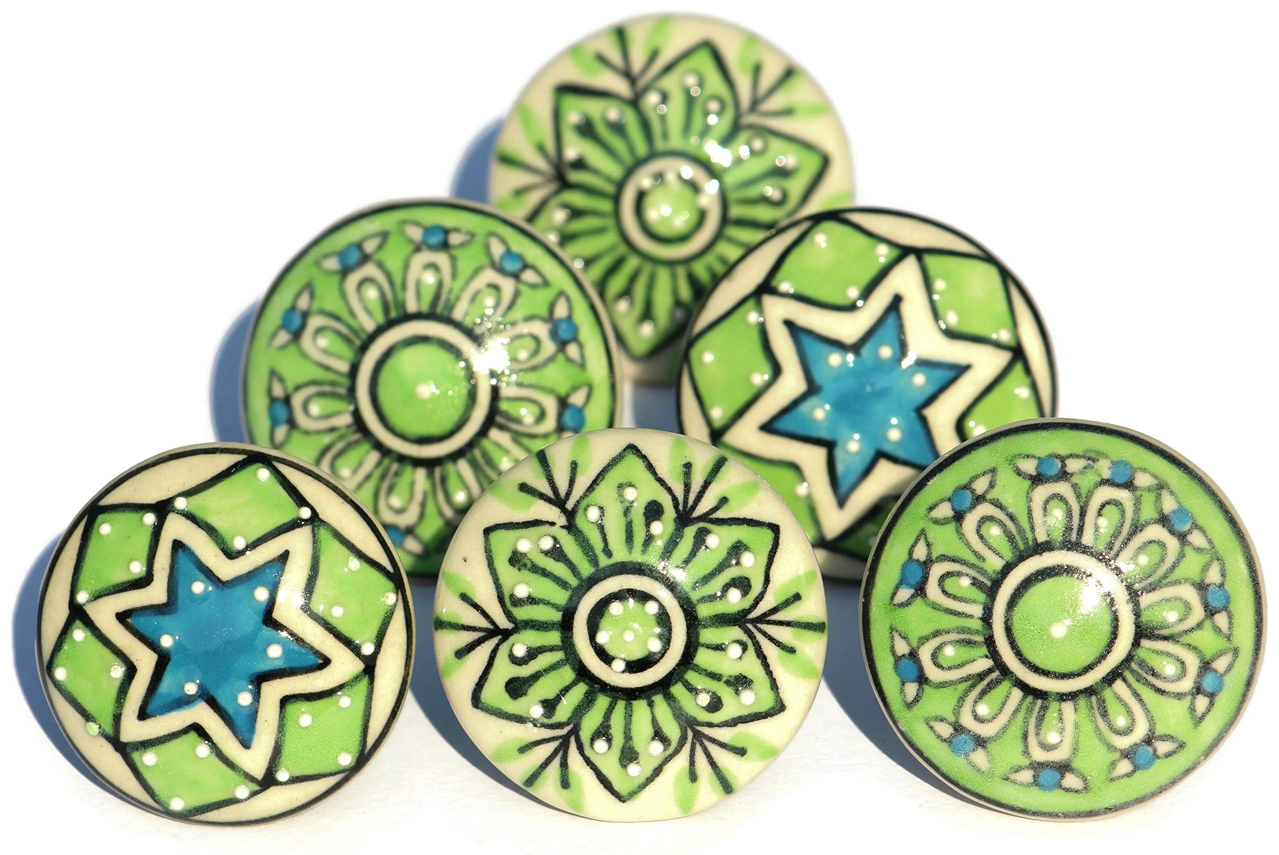 owlKraftDoor Knobs Set of 6 Handmade Green Mandala Flat Ceramic Knobs - Cabinet knobs - Drawer knobs - Cabinet pulls - Door knobs Floral Handel Knobs