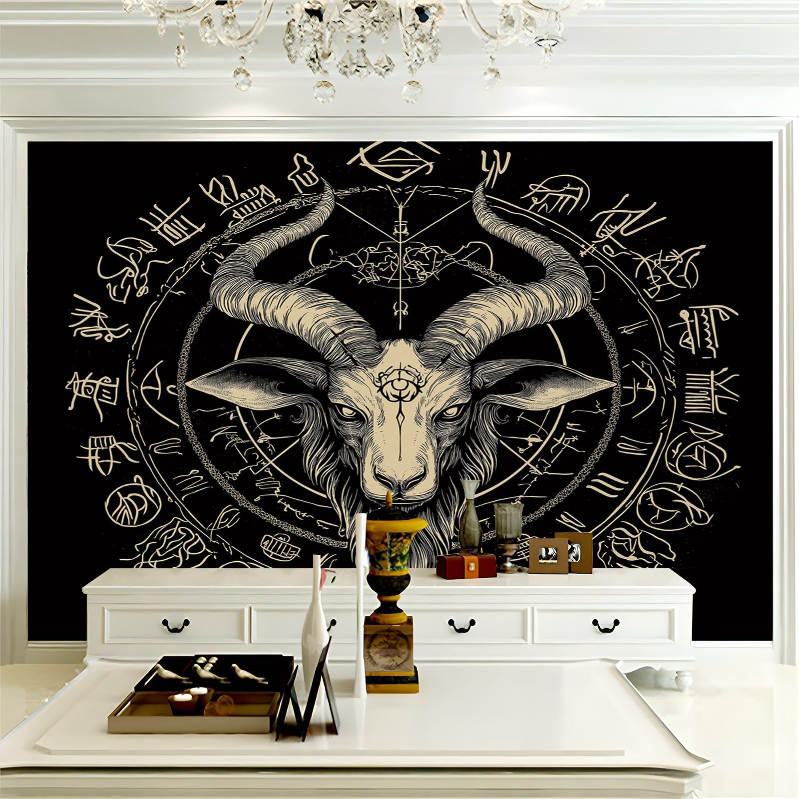 Tapeta gotycka głowa owcy symbol złota czarna 200 cm x 140 cm (szer. x wys.), fototapeta mural sypialnia pokrycie ścienne do salonu sztuka fototapeta do salonu dorośli sypialnia przedpokój kuchnia