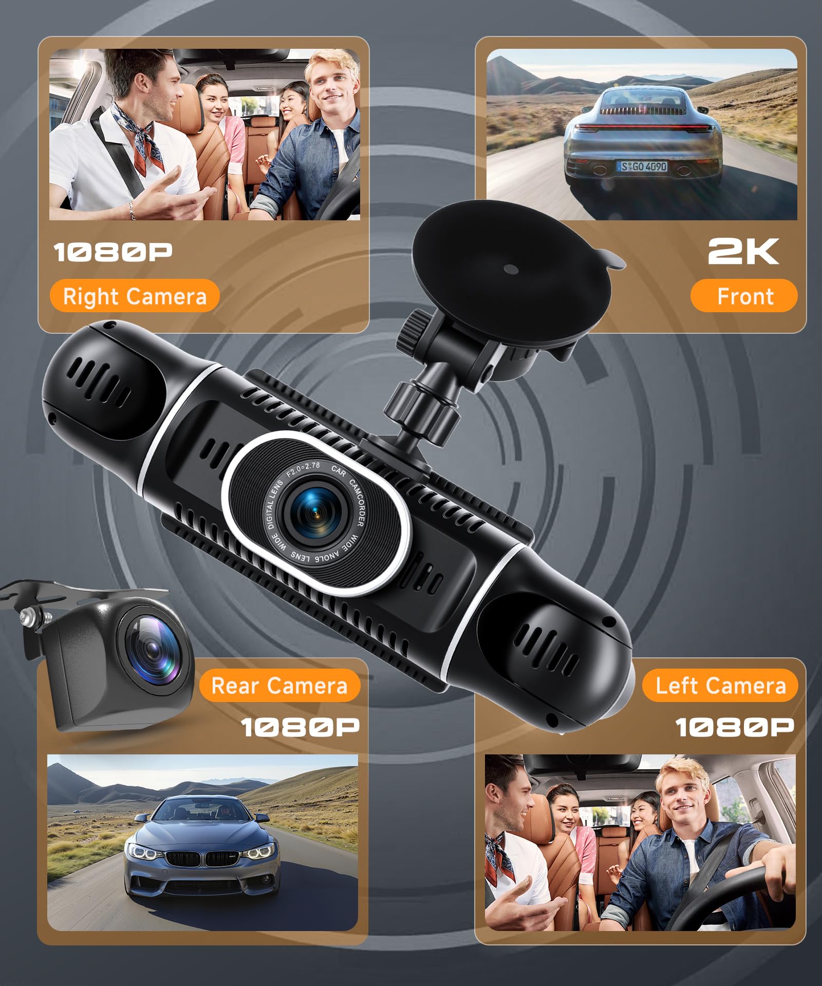 Inefala 2K WiFi 4 Canali Dash Cam, 360° Dashcam Auto Anteriore e Posteriore all'interno