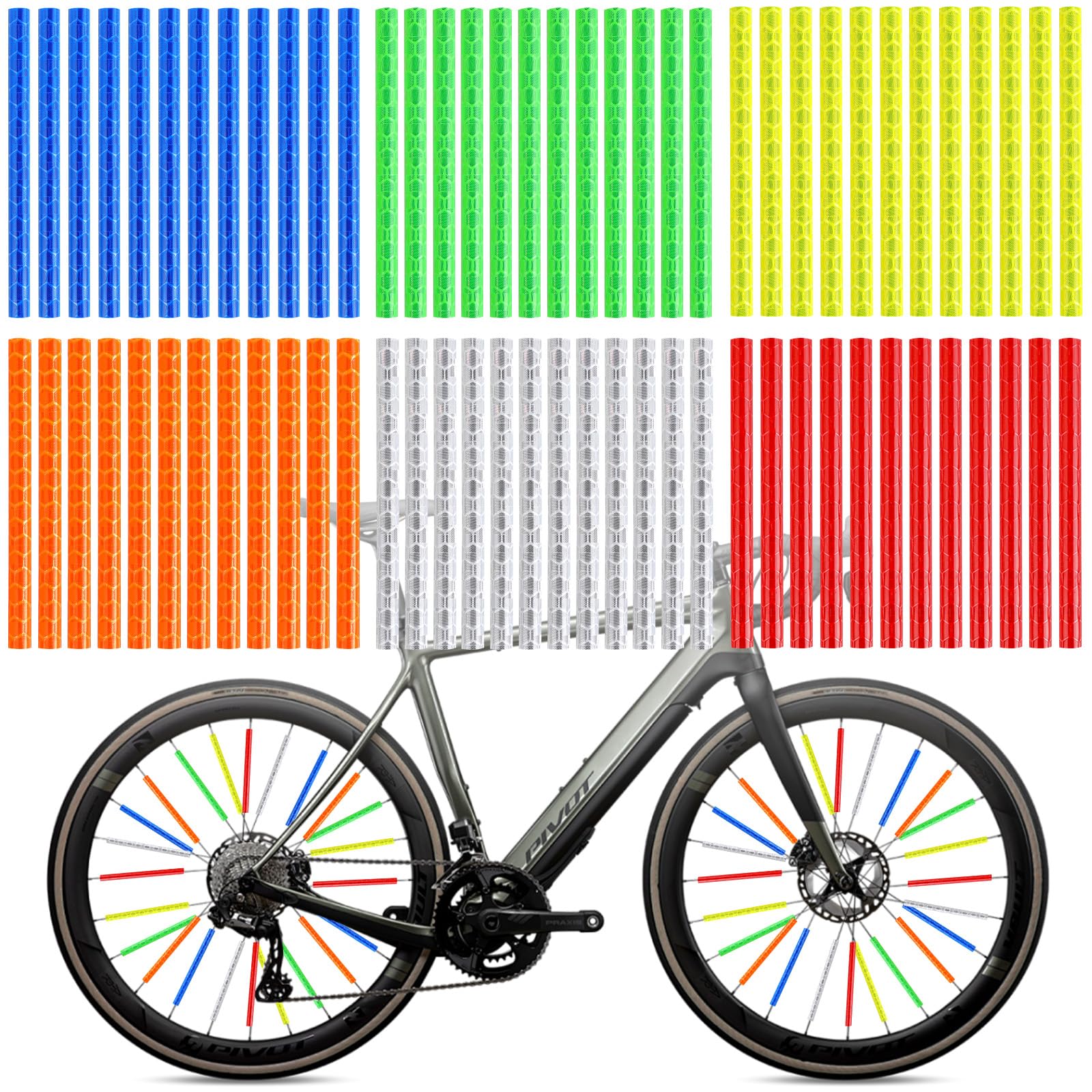 Confezione da 72 riflettori Colorati per Bicicletta, Strisce Riflettenti per Bicicletta con visibilità a 360°, Facili da installare e riutilizzabili, Copri Raggi Bici, Set di riflettori per Raggi