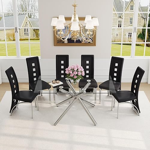 Miniatura 19 de Juego de mesa de comedor moderno de 63 pulgadas para 6 personas, juego de 6 mesas de comedor de cristal con patas de metal plateado, mesa de cocina