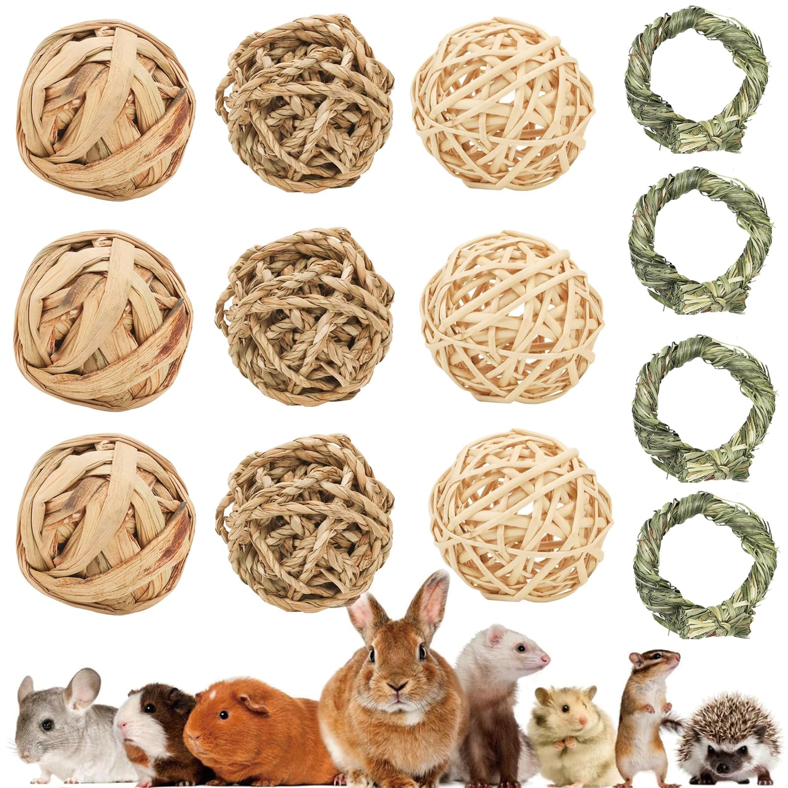 JNOUCS 13 Pcs Gerbil Toys, Rabbit Toys, Woven Guinea Pig Toys, Natural Rabbit Chew Toys, Pets Chew Balls Suitable for Rabbits, Chinchilla, Hamsters, Gerbils Guinea Pigs, Parrot Bird
