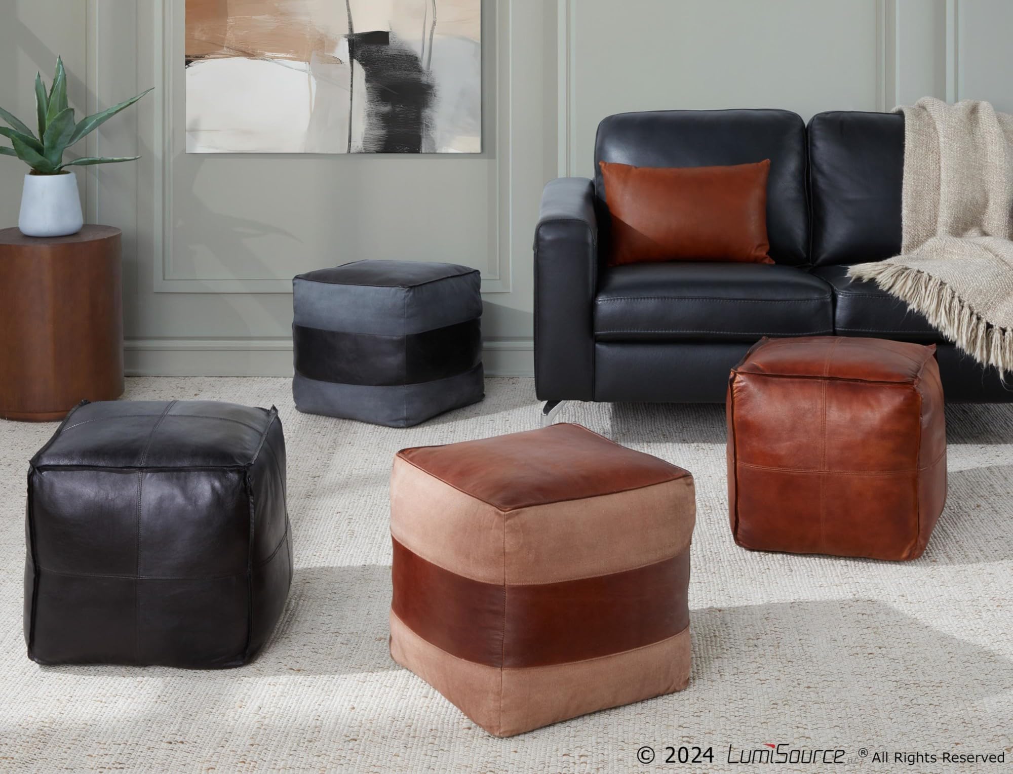 LumiSource Cobbler Pouf, Leather Ottoman, Small Ottoman, Square Ottoman Foot Rest, Pouf Ottoman, Foot Stool Ottoman, Foot Stool Ottoman for Living Room (Espresso Leather, Tan Canvas)