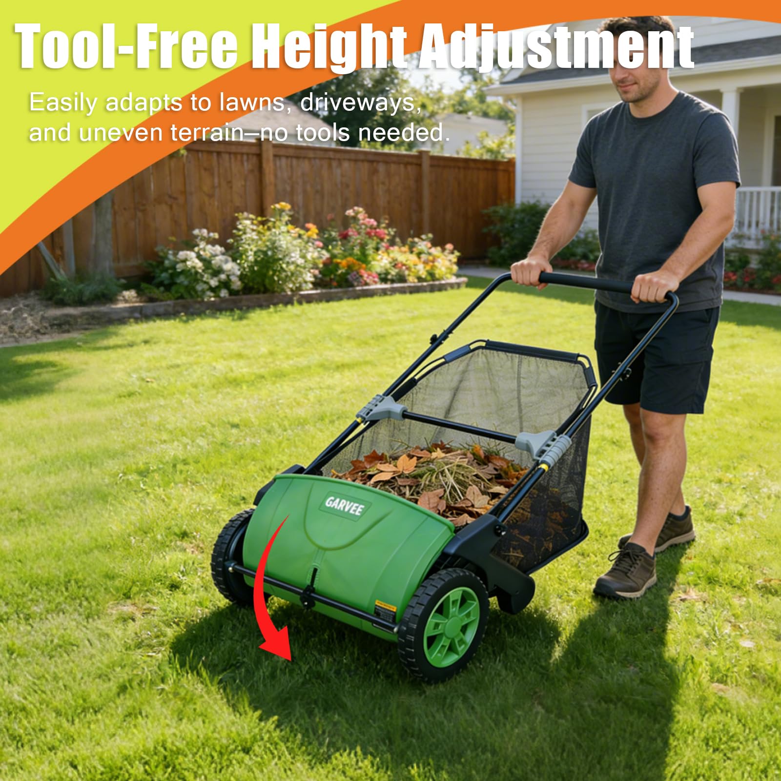 Garvee Lawn Sweeper in use on yard