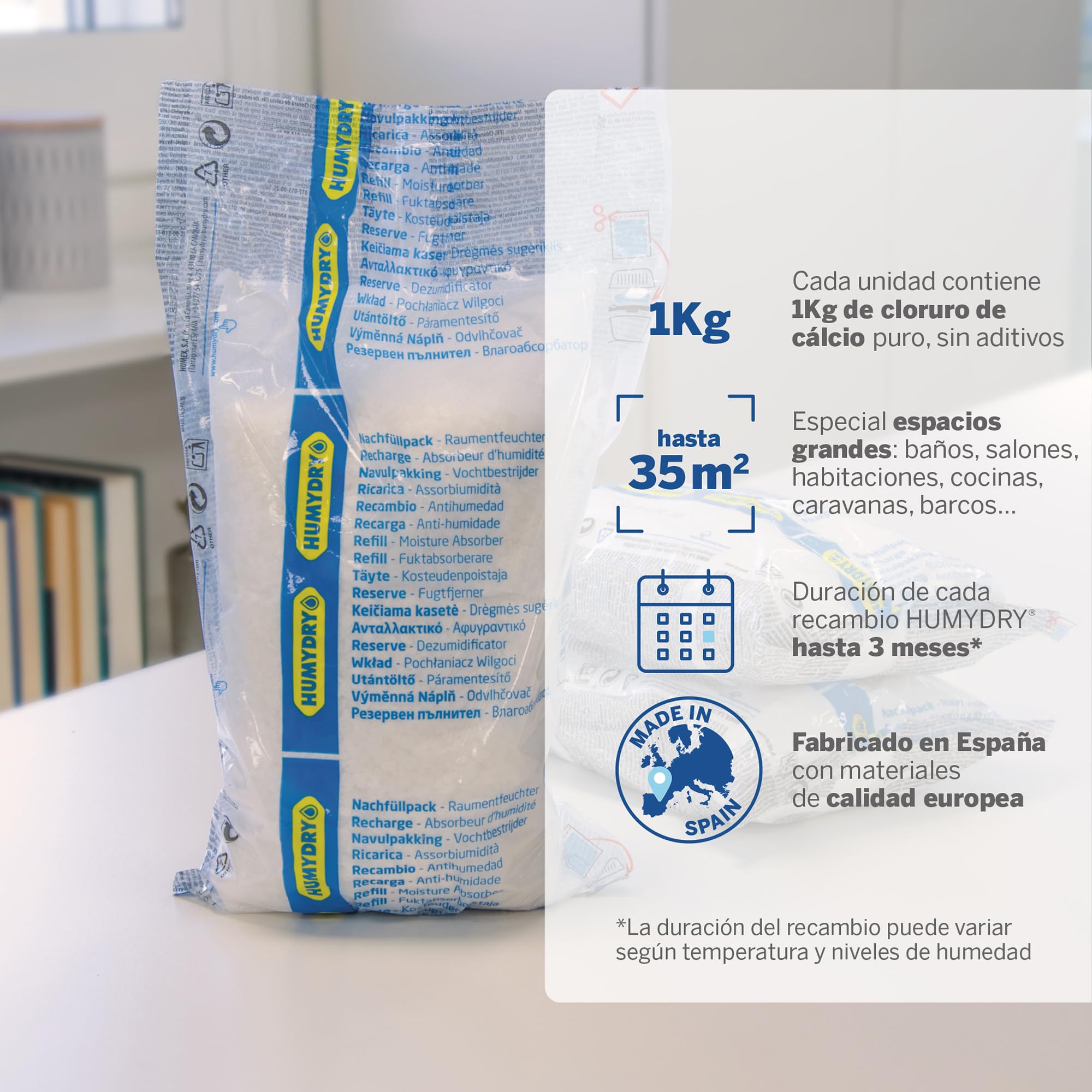 HUMYDRY - Pack 4 Recambio Deshumidificador 1kg – Sin Perfume – Absorbe la Humedad en Espacios de hasta 35 m² – Compatible con Aparatos 1 kg Premium y Magnum