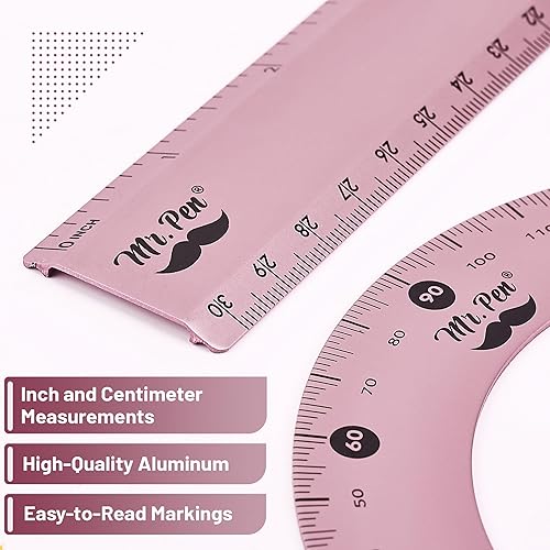 Miniatura 4 de Mr. Pen - Juego de geometría, paquete de 4, rosa claro, kit de geometría metálica, regla triangular, regla de metal, triángulos de dibujo,