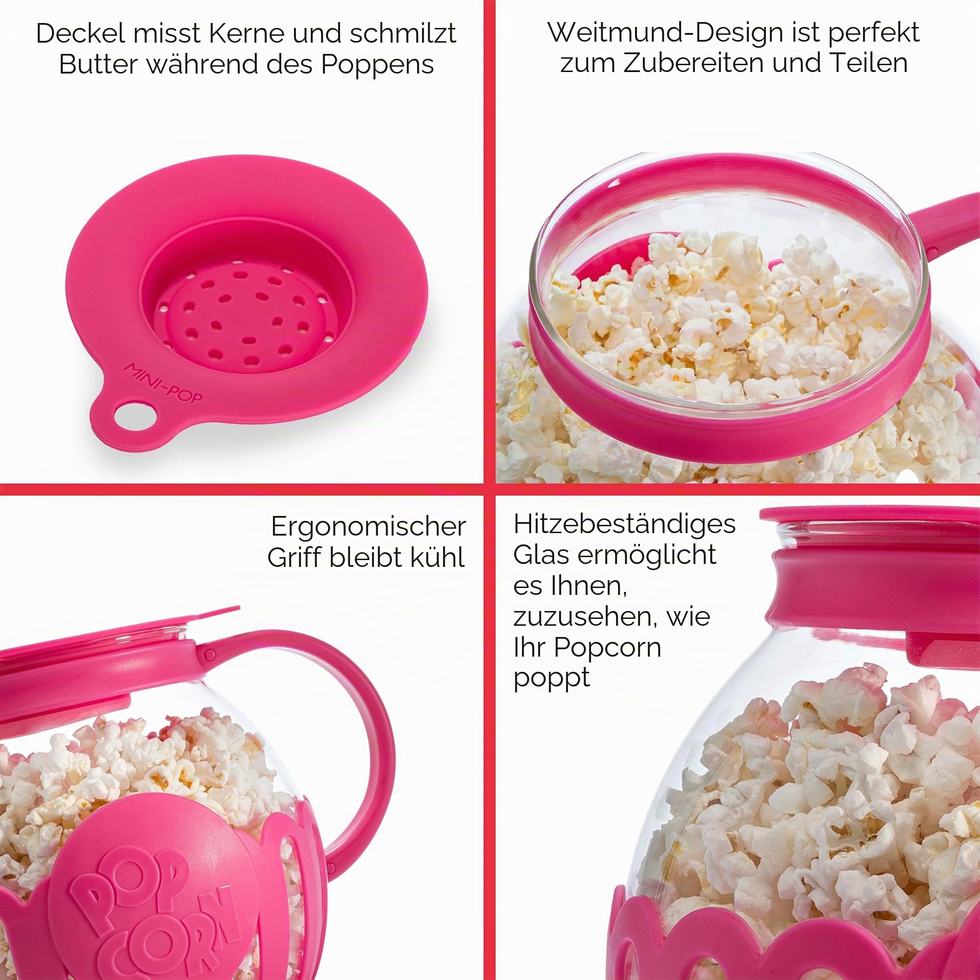 Ecolution patentierter Micro-Pop Mikrowellen-Popcorn-Popper, Borosilikatglas, hot pink
