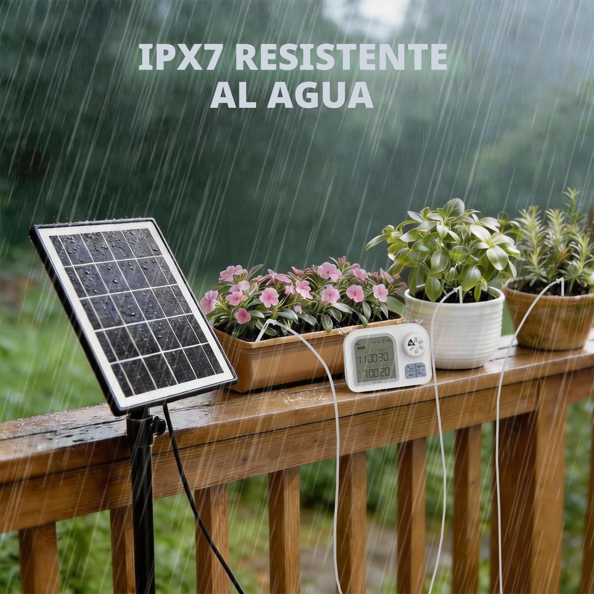 Raddy Sistema de riego solar WS-74 con control de aplicación inteligente, IPX7 resistente al agua, sensor de humedad del suelo ajustable, batería de 2600 mAh, juego de riego automático por goteo para