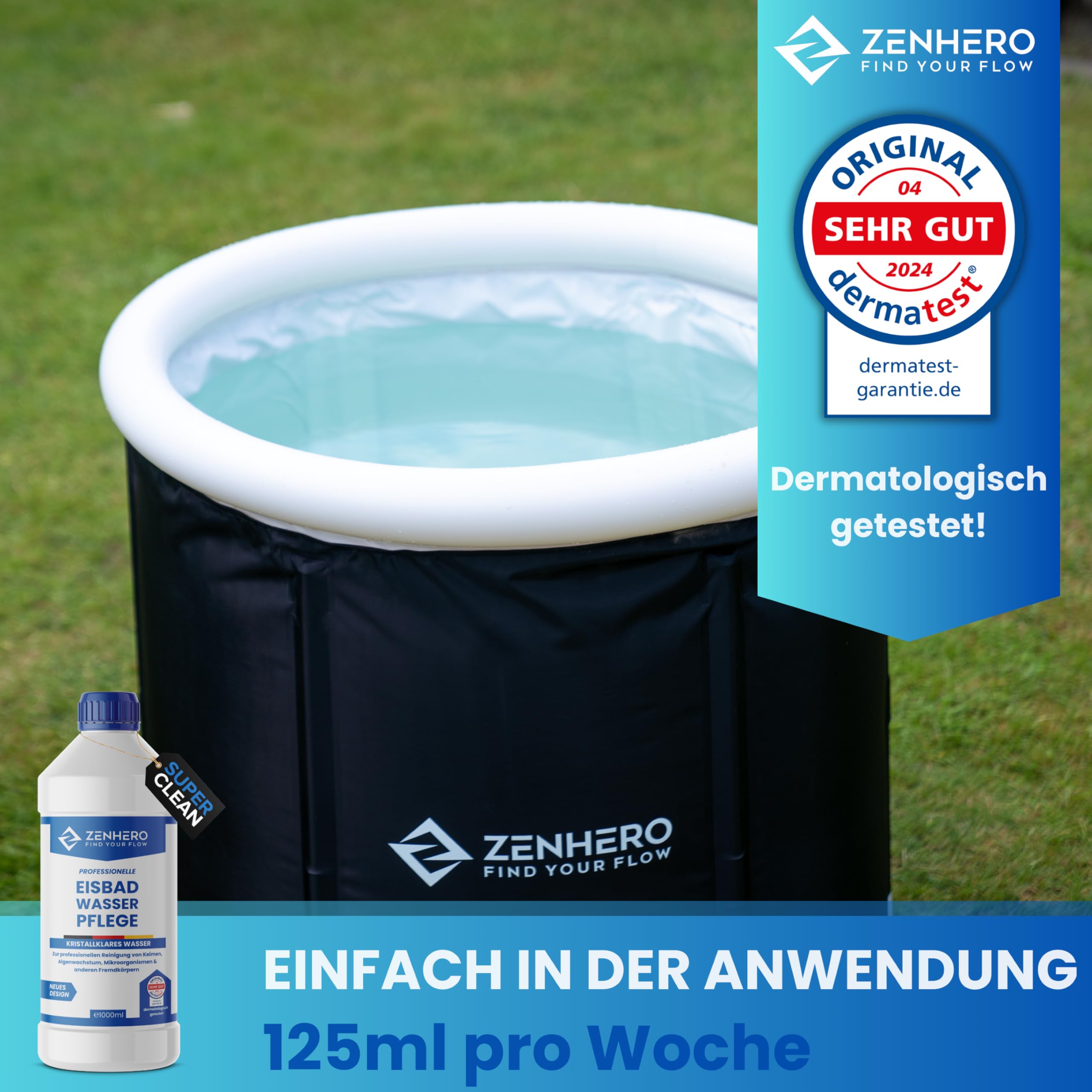 Zenhero® Eisbad Wasserpflege MD Water clean 1000ml – Hautfreundlich & effektiv – Naturidentischer Wirkstoff – Dermatest SEHR GUT ausgezeichnet – Für Eisbad, Eisfass, Eispool – Made in Germany