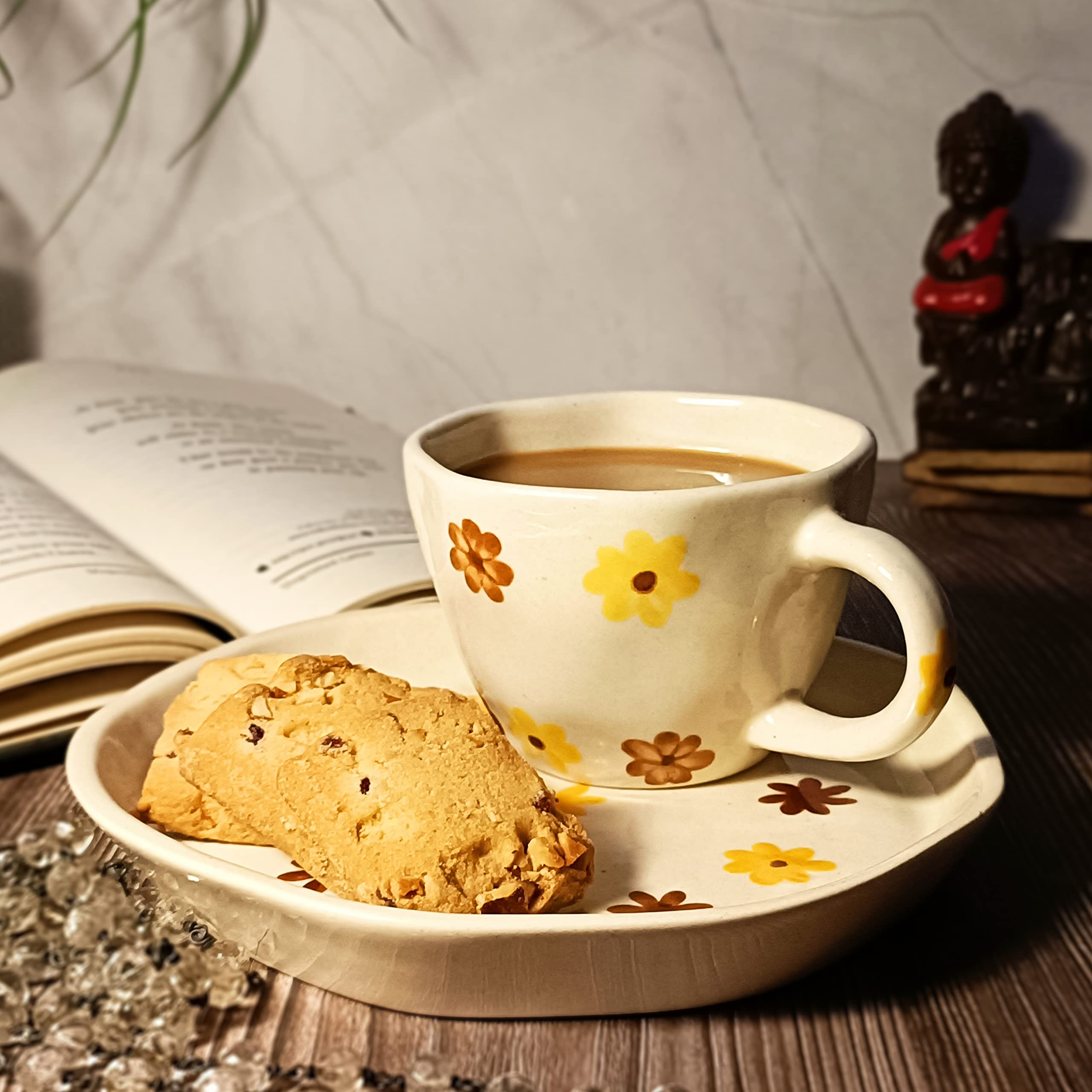 RK Earthenwares Studio Pottery Handprinted Premium Ceramic 1 Coffee Tea Cup with 1 Serving Tray/Plate Set - Set of 2 Pieces (Sunflower)