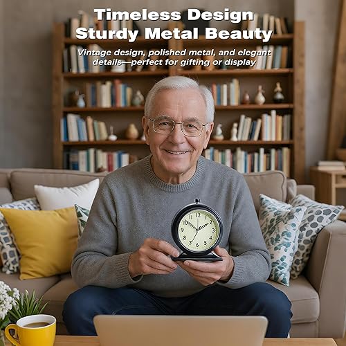 Miniatura 3 de Reloj despertador analógico silencioso de 4 pulgadas, funciona con pilas, reloj de mesa de metal vintage para sala de estar, estantería, mesita de