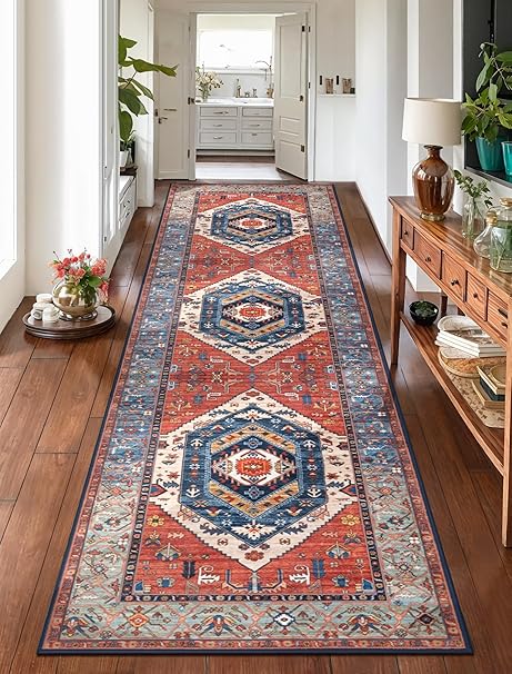 SERISSA Runner Rug for Hallways, 2'6"x10' Washable Non Slip Kitchen Runner Rug, Long Boho Rug Vintage Rust Hallway Stair Ultra Soft Print Floor Carpet for Bedroom Bathroom Laundry Room