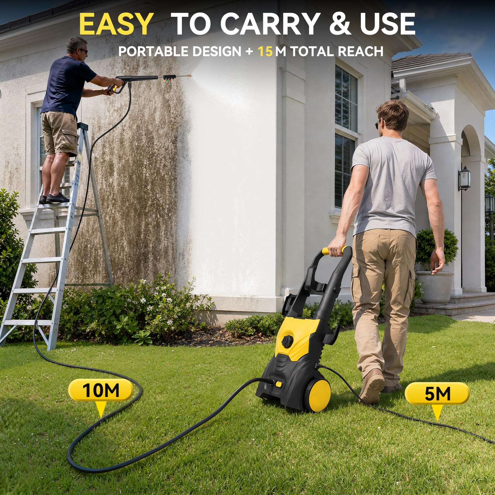 2500W Idropulitrice Professionale, Max 200 Bar, con Schiuma, 4 Ugelli e Tubo 10m, Portata di Pulizia di 500L/H,per Auto, Patio, Vialetti, Recinzioni, Pavimenti, Colore Giallo