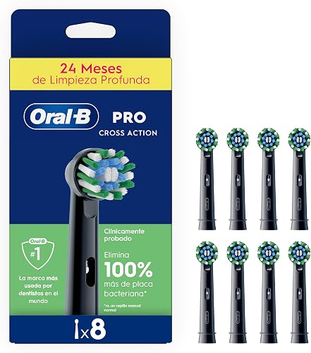Oral-B Pro CrossAction Cabezales de Recambio Originales, Negros, Pack de 8 | Recambios para Cepillo Eléctrico Oral B Pro, con Indicador de Uso y Filamentos en Forma de X para Una Limpieza Profunda