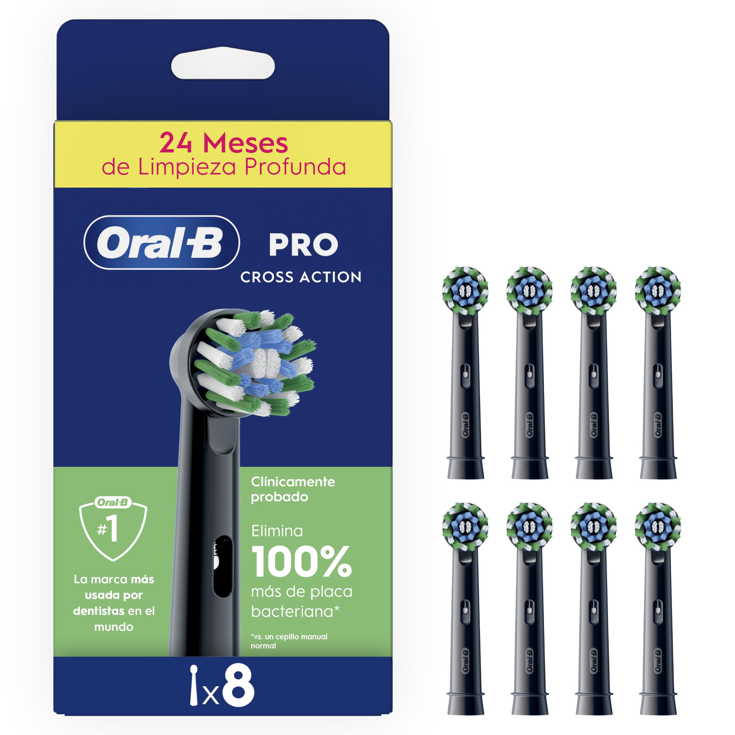 Oral-B Pro CrossAction Original Replacement Heads for Oral B Pro Electric Brushes, Pack of 8 Black Refills with Use Indicator and X-Shaped Filaments for Deep Cleaning