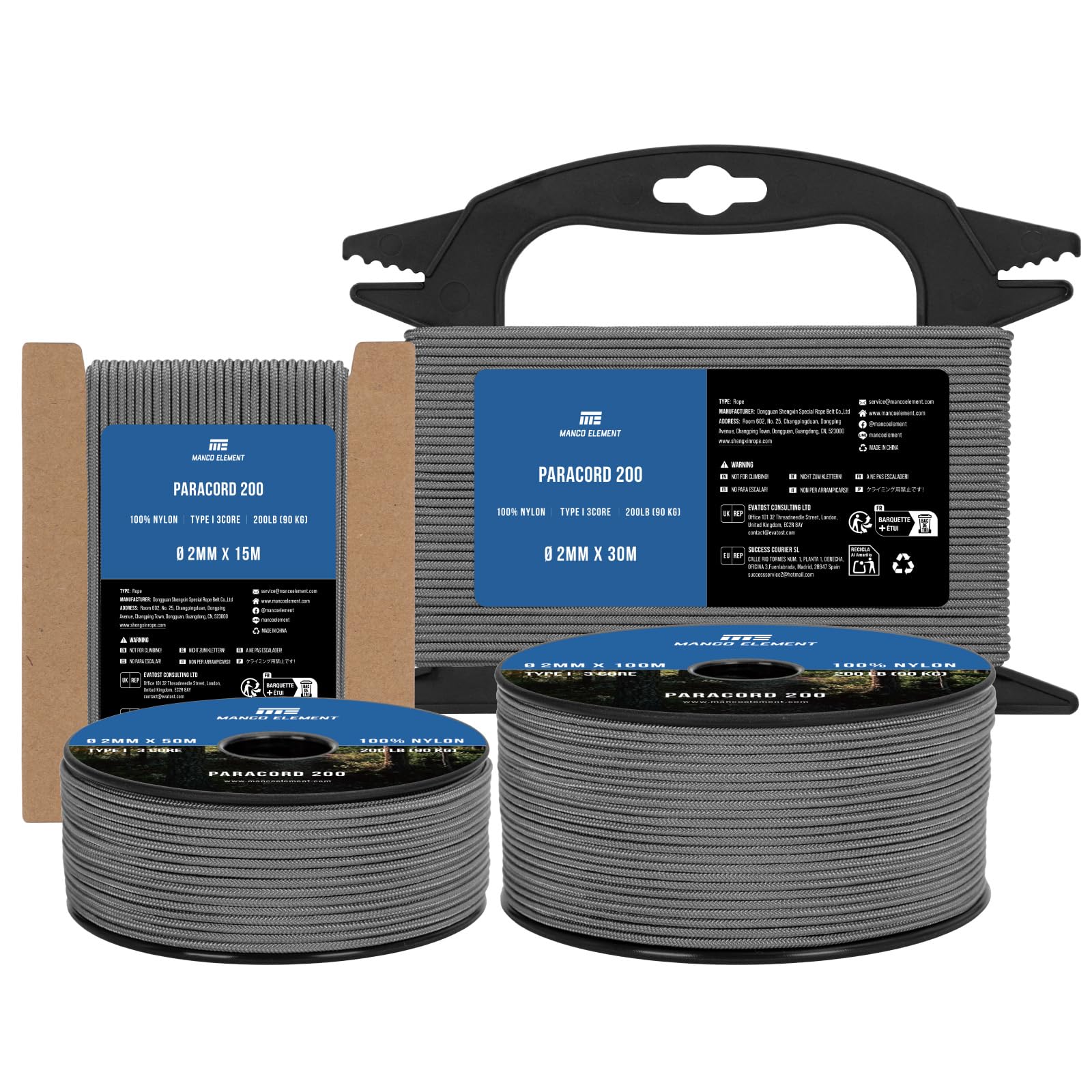 Manco Element Paracord 2mm 30m 3 Strands Type I Charcoal Grey | 100% Nylon Parachute Cord Rope | 90KG Load Capacity - Ideal for DIY, Crafting, Outdoor, Camping