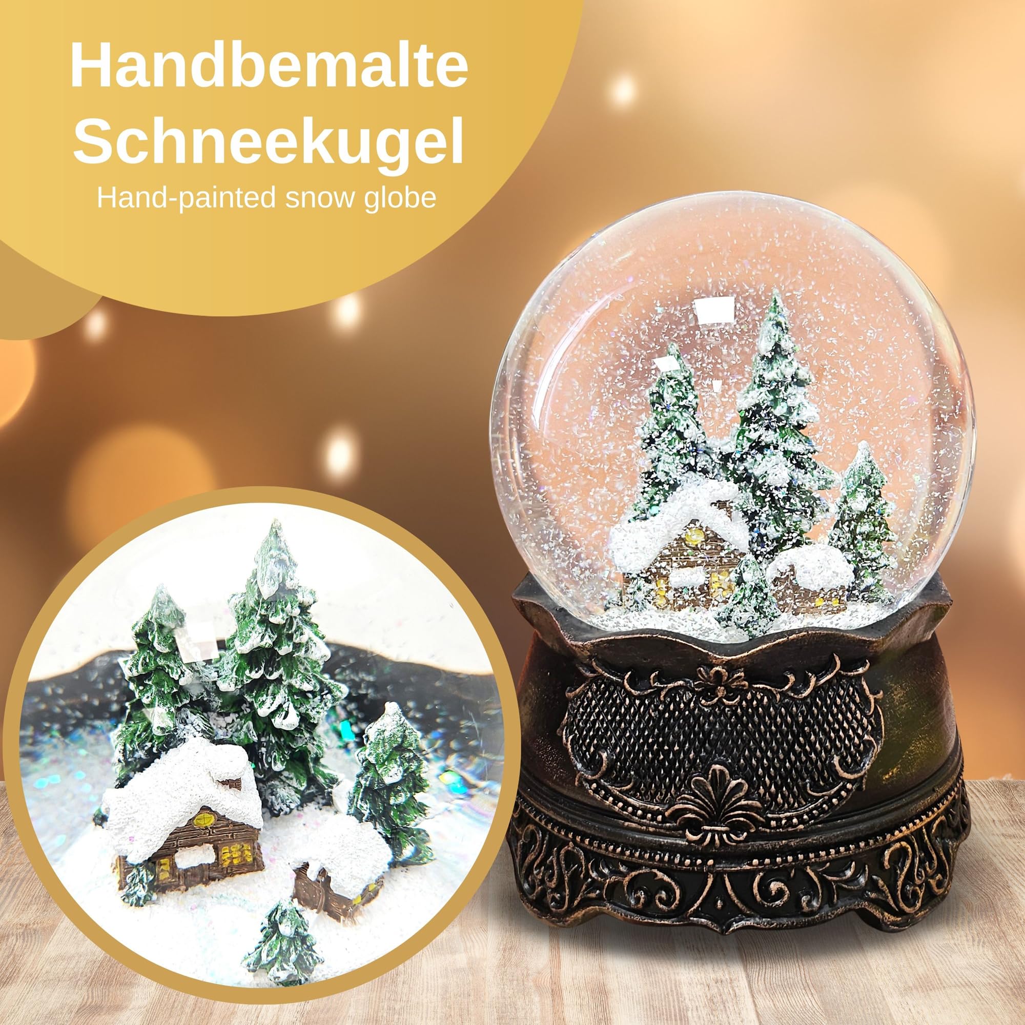 Hüttenzauber Schneekugel Musik | Kupfer antik | B: 10cm, H: 14 cm | 20324 | Nostalgische Winterhütte im Winterwald in Schüttelkugel | mechanische Spieluhr | Weihnachtsdekoration mit Musik