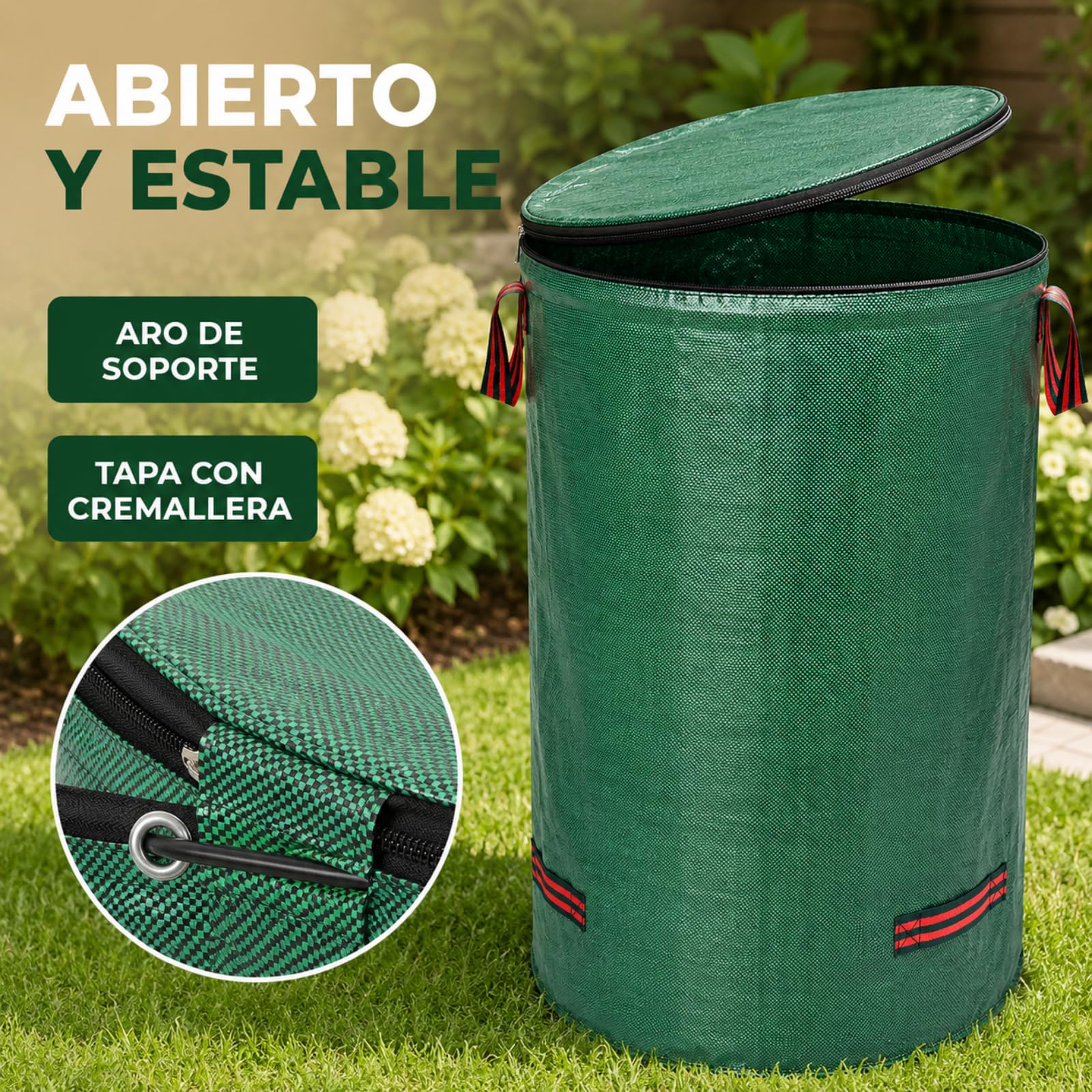 Sacchi Giardinaggio, 3 × 500 L, 4 Manici e Coperchi con Zip | 3 Sacchi da Giardino Riutilizzabili da 500 L con 4 Manici Rinforzati, Anello di Sostegno e Coperchio con Zip
