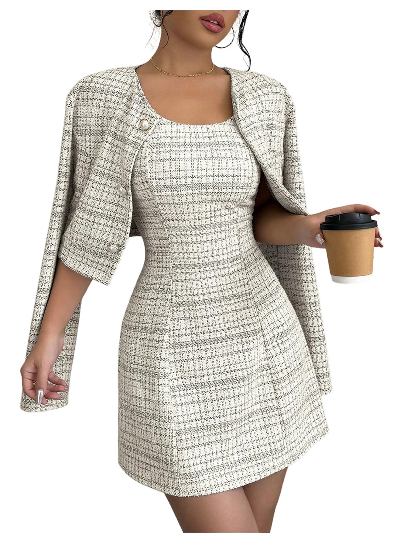 Women's 2 Piece Outfits Plaid Long Sleeve Button Down Cropped Jacket and Sleeveless Mini Dress Sets-image-41