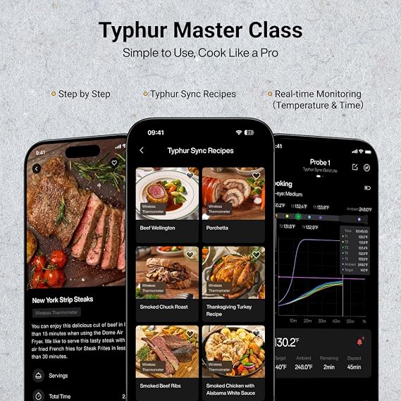 Typhur Sync Gold Wireless Meat Thermometer, Enhanced 10X Sub-1G Signal and Stability, WiFi Unlimited Range, 6 Sensors, Bluetooth Meat Thermometer for BBQ, Oven, Smoker, Grill, Air Fryer, Gen2