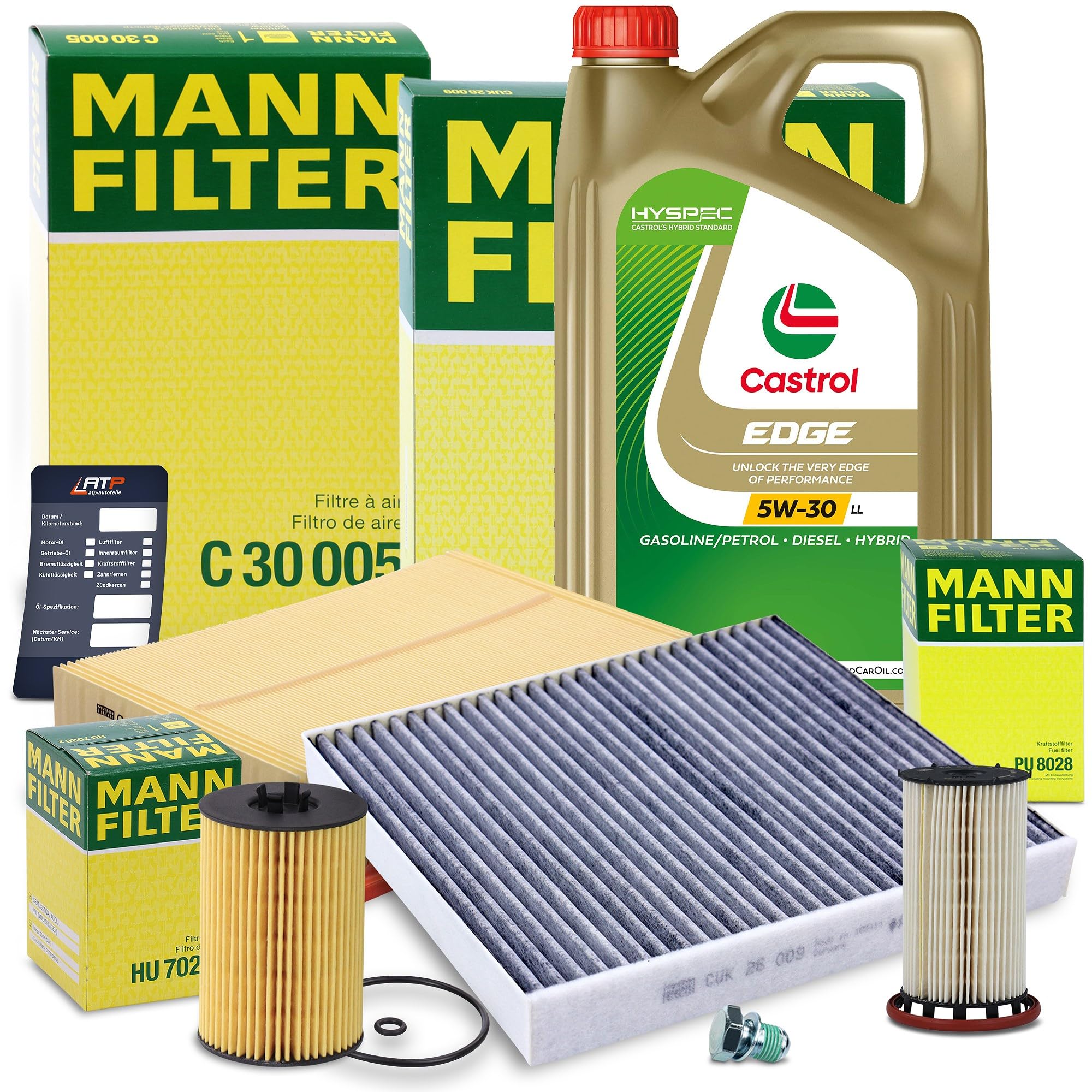 MANN-FILTER Inspektionspaket Filterset 1x Ölfilter, 1x Luftfilter, 1x Innenraumfilter (Aktivkohlefilter), 1x Kraftstofffilter, 1x Ölablassschraube, 1x Ölwechselanhänger, 1x Motoröl 5W-30 5l