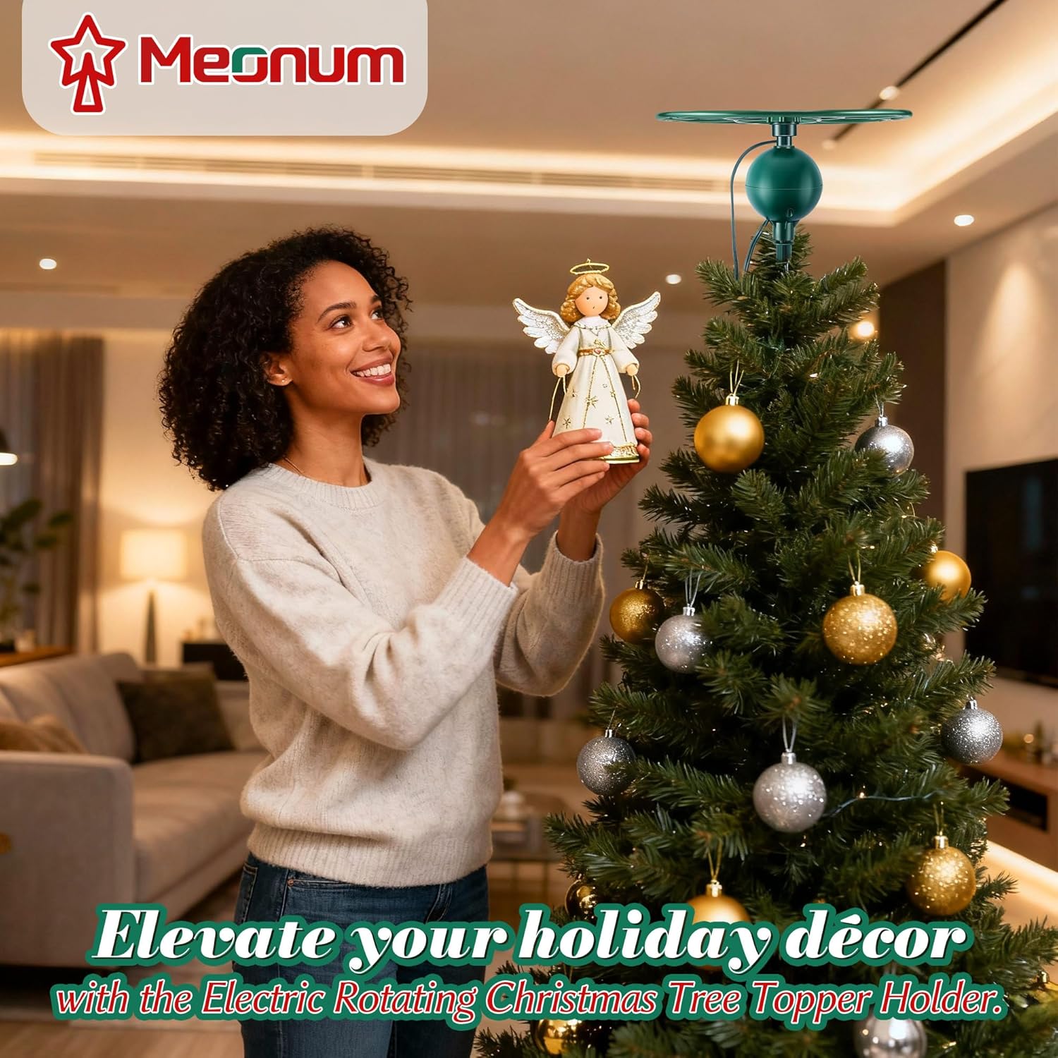 Meonum Upgraded Electric Rotating Christmas Tree Topper Holder, Universal Tree Topper Stabilizer Fits All Base Types, Green Support Rod to stabilize Seasonal Treetop Ornaments (Flat Base Type) - Image 9