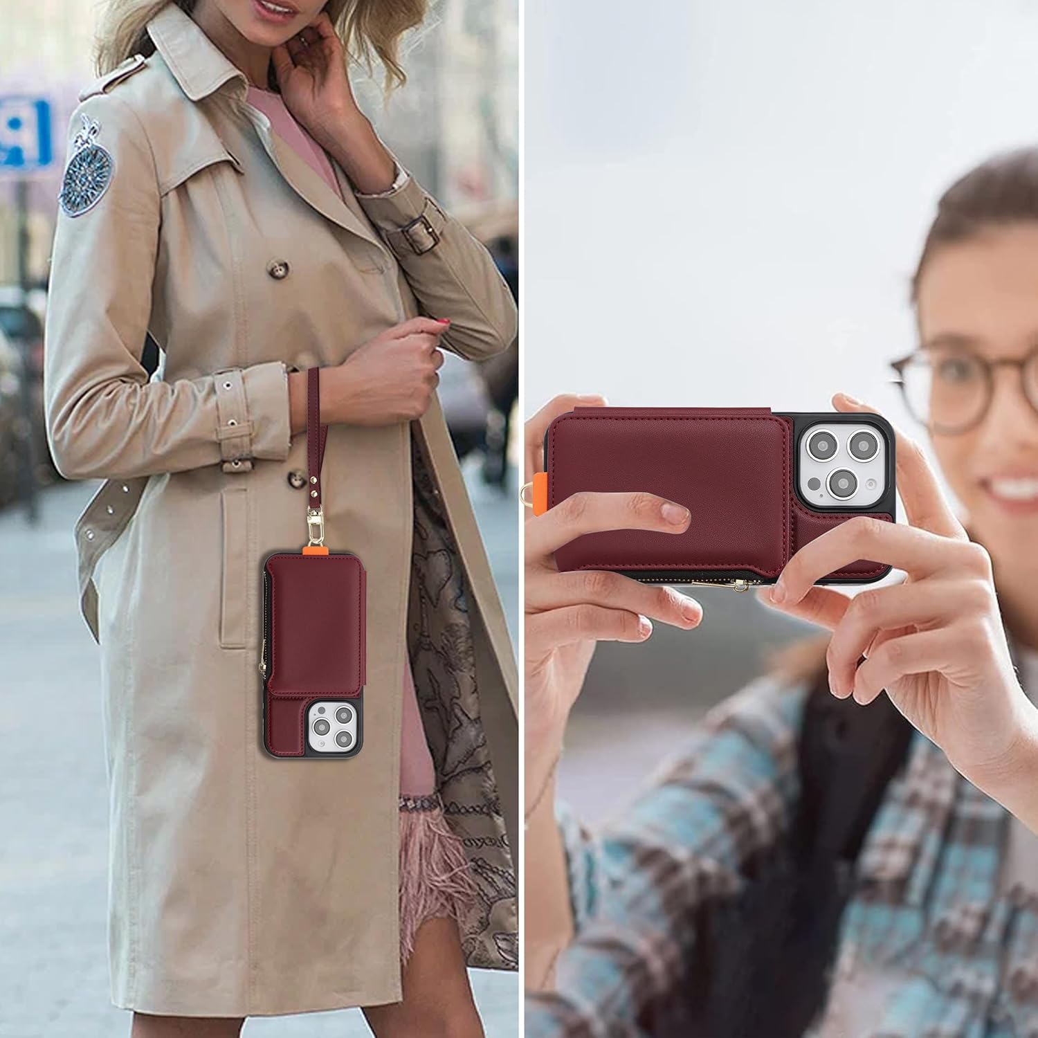 GUERNICA for iPhone 16 Pro Wallet Case with Card Holder, RFID Blocking PU Leather Case for Men and Women, Wrist Strap Zipper Credit Card Slot for Apple 16 Pro 6.3" Phone Case, Wine Red - Image 9