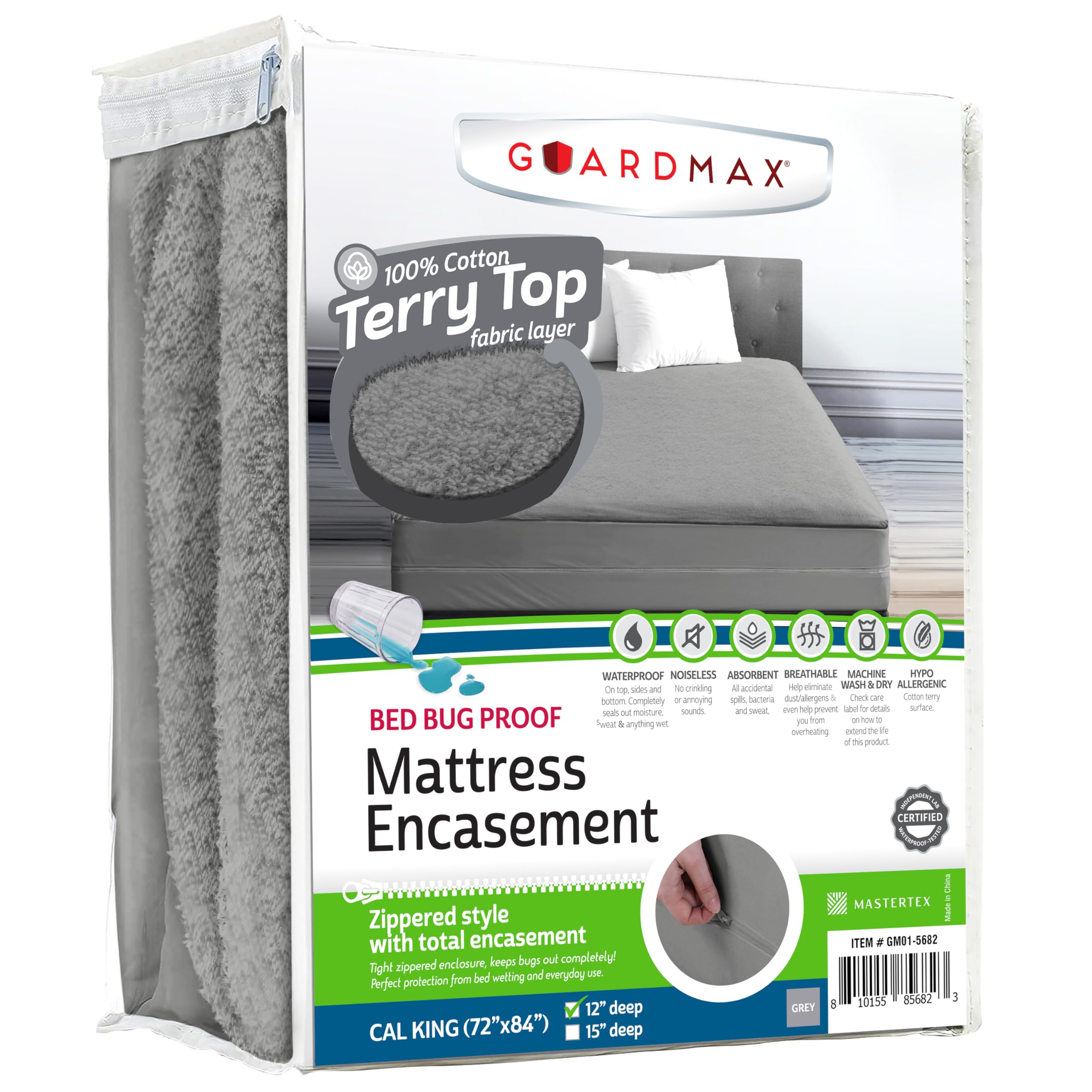 Guardmax California King Mattress Encasement Zippered, 100% Waterproof Protector, Soft & Absorbent Cotton Terry Top Mattress Cover for Kids, Adults, & Pets, Bed Bug & Dust Mite Proof Cover (Grey)