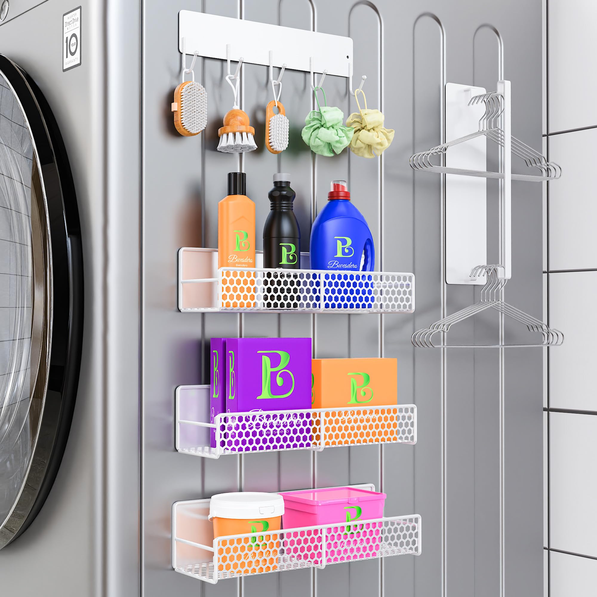 5 pack heavy duty magnetic shelves for laundry room organization magnetic shelf for washer amp dryer fridge storage - rustproof magnetic spice rack towel hanger amp clothes holder white