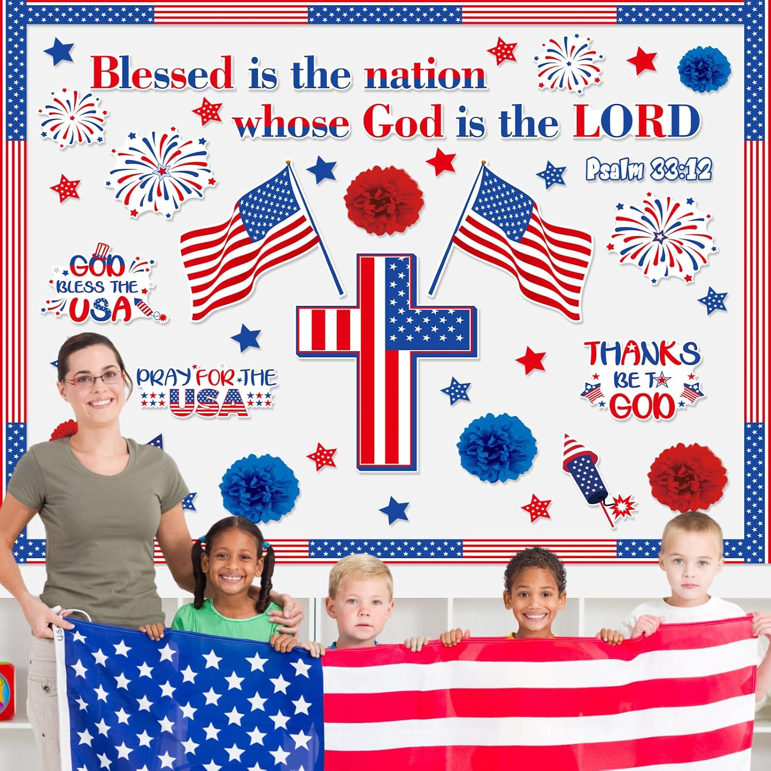 Pajean 67 Pcs God Bless American Bulletin Board Set Patriotic Christian Classroom Decoration American Flag Cross Cutouts 3D Paper Flower for Patriotic Religious Classroom Sunday School Decoration
