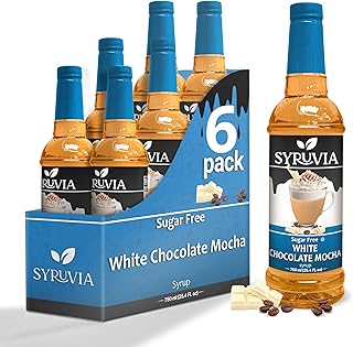 Sugar-Free White Chocolate Mocha Syrup by Syruvia 6-Pack, 25.4 fl oz, Wholesale Coffee Syrup Shops, Cafes, Baristas, Bistros, & Beverage Bars, Bulk Kosher & Gluten-Free