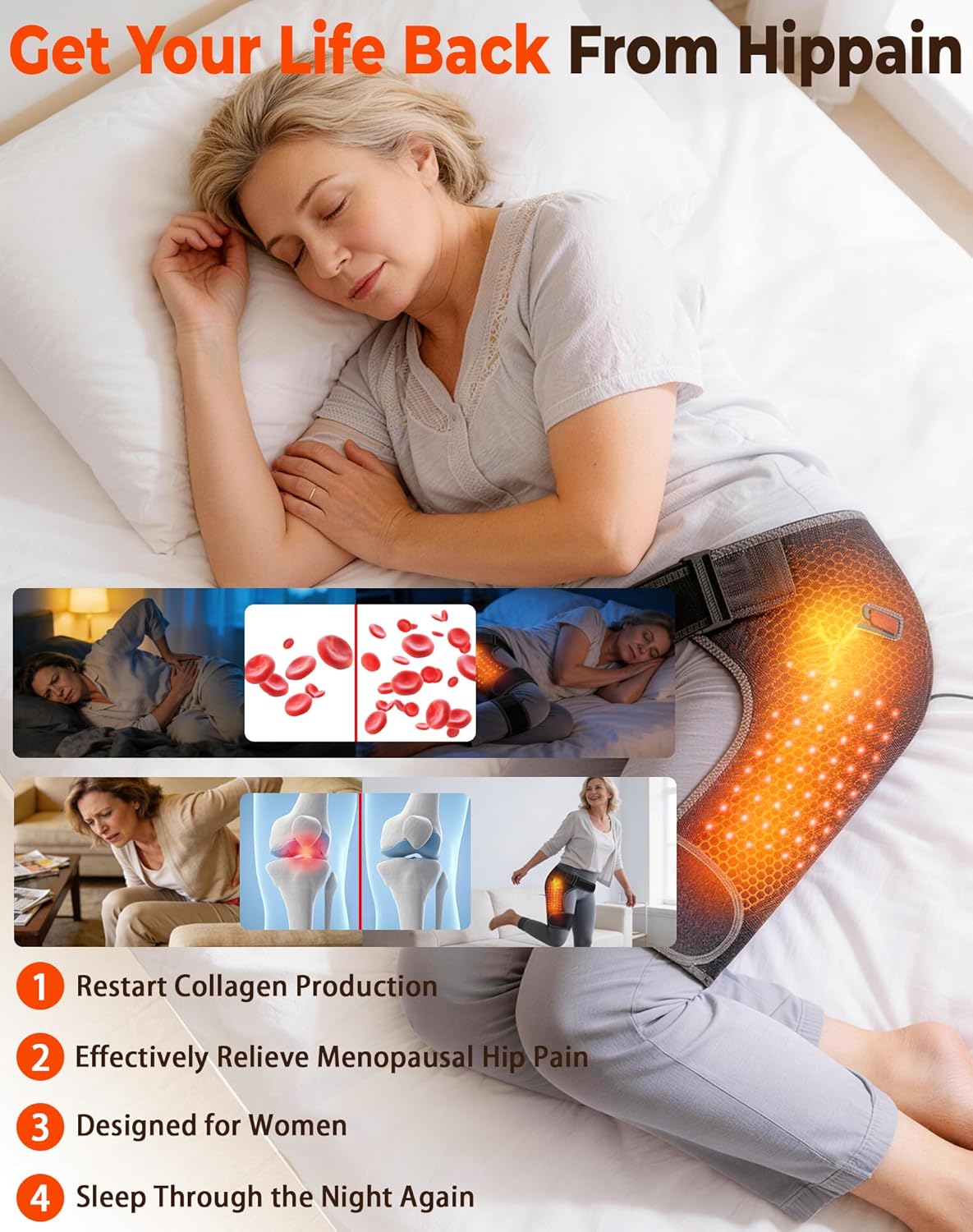 Hip Red Light Therapy, 5000mAh Rechargeable Cordless Heated Hip Brace Massager for Menopausal Women Hip Pain Relief, Collagen Boost & Mobility - Mother's Day Birthday Gift
