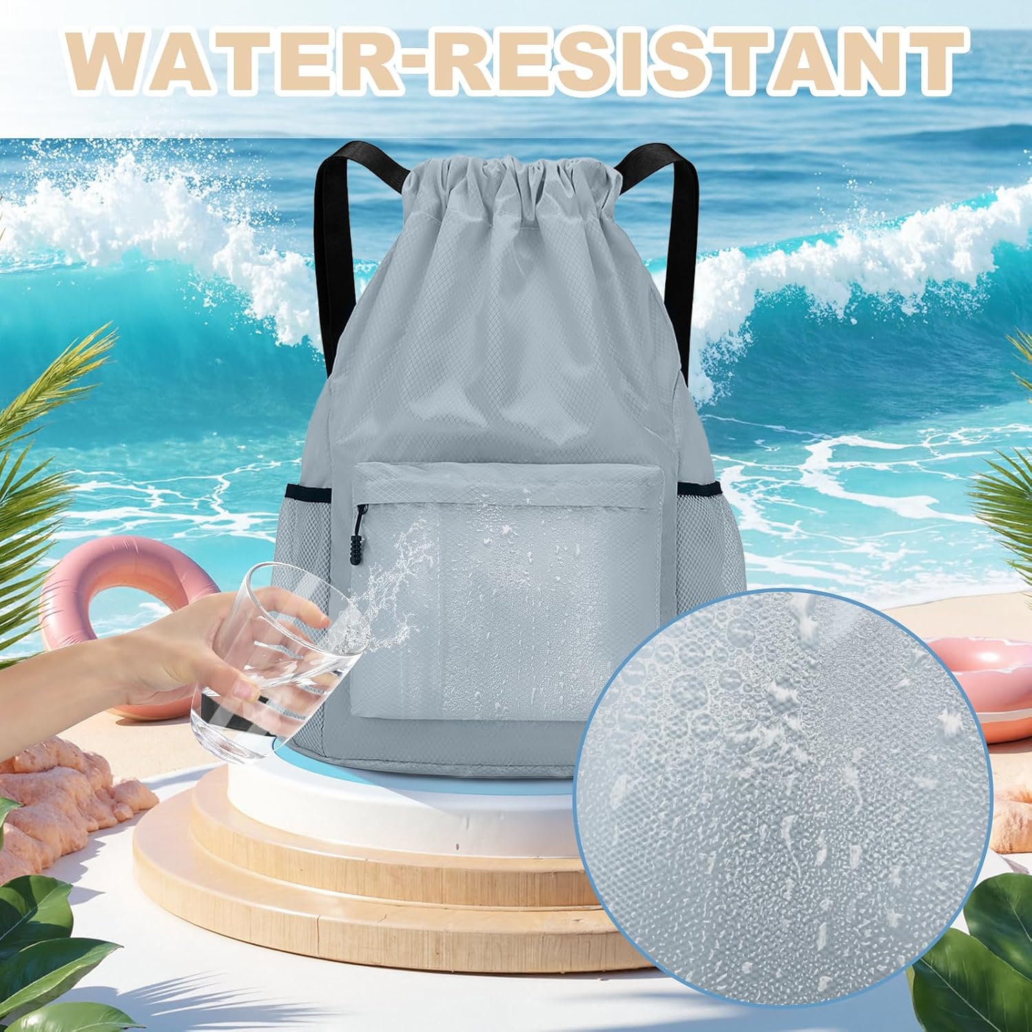 Drawstring Backpack, Waterproof Gym Bag with Water Bottle Pocket image 5