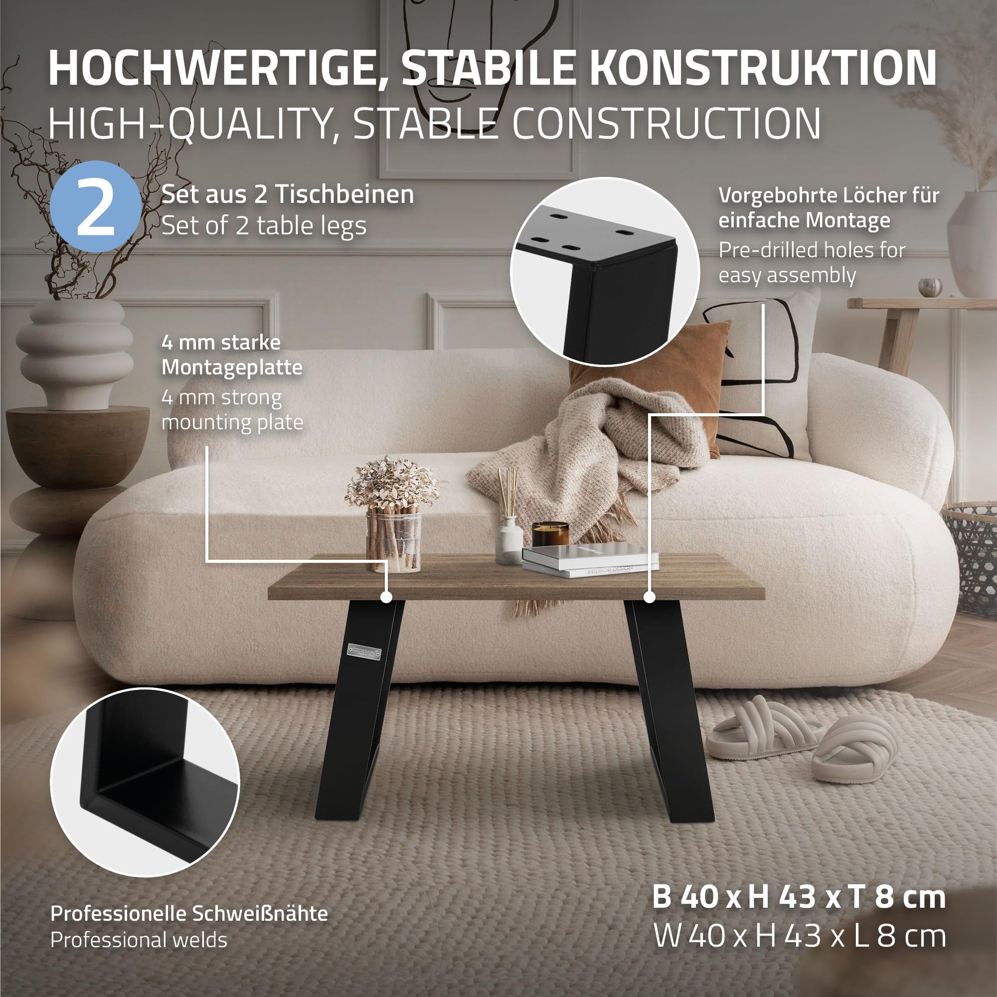 ML-Design Zestaw 2 prowadnic stolowych 80GRAD nachylenie, 40x43 cm, czarne, profil 8x2 cm, nogi stolowe skosne, metalowe prowadnice meblowe, stalowy stelaz stolu skosnego, podstawa stolu nogi meblowe