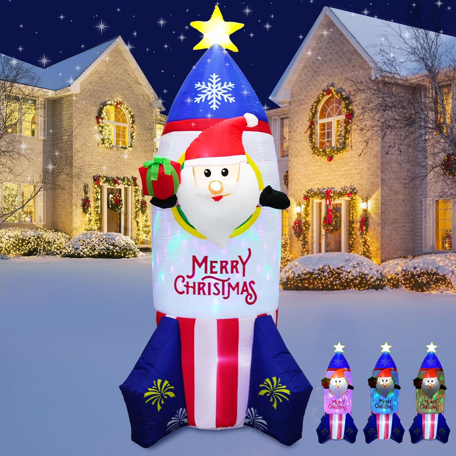 [Flash Light] 7.2 FT Christmas Inflatable Santa Ride Rocket Decorations, Christmas Blow up Yard Decoration Inflatable Rocket Built-in Colorful LED Lights for Christmas Decorations Xmas Gifts