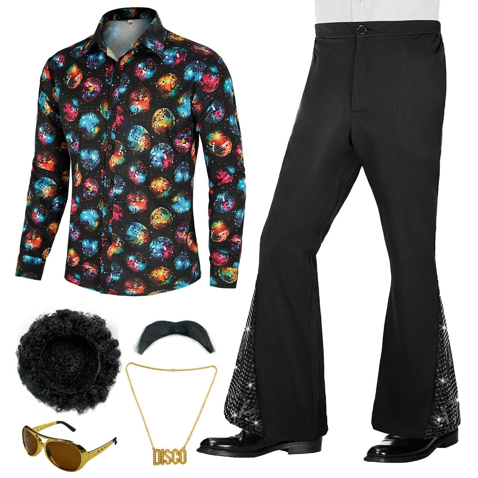 70er Jahre Disco Kostüm Set für Herren 6-teilig mit Hemd Schlaghose Perücke Sonnenbrille Halskette Schnurrbart 60s 70s 80s Party Fasching Halloween Karneval Kostüm