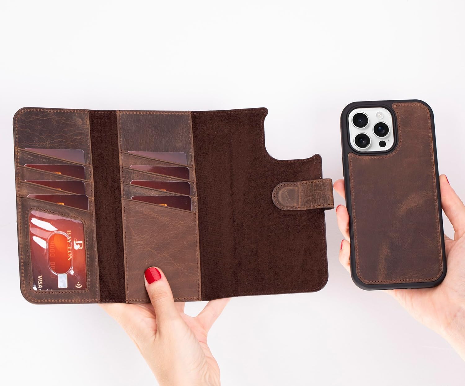 Bayelon Coffee Brown Wallet Case for iPhone 16 Pro | for iPhone 16 Pro, Trifold Leather Wallet, Detachable Magnetic Flip Folio Cover, Card Holder for Men and Women, MagSafe Compatible, RFID - Image 7