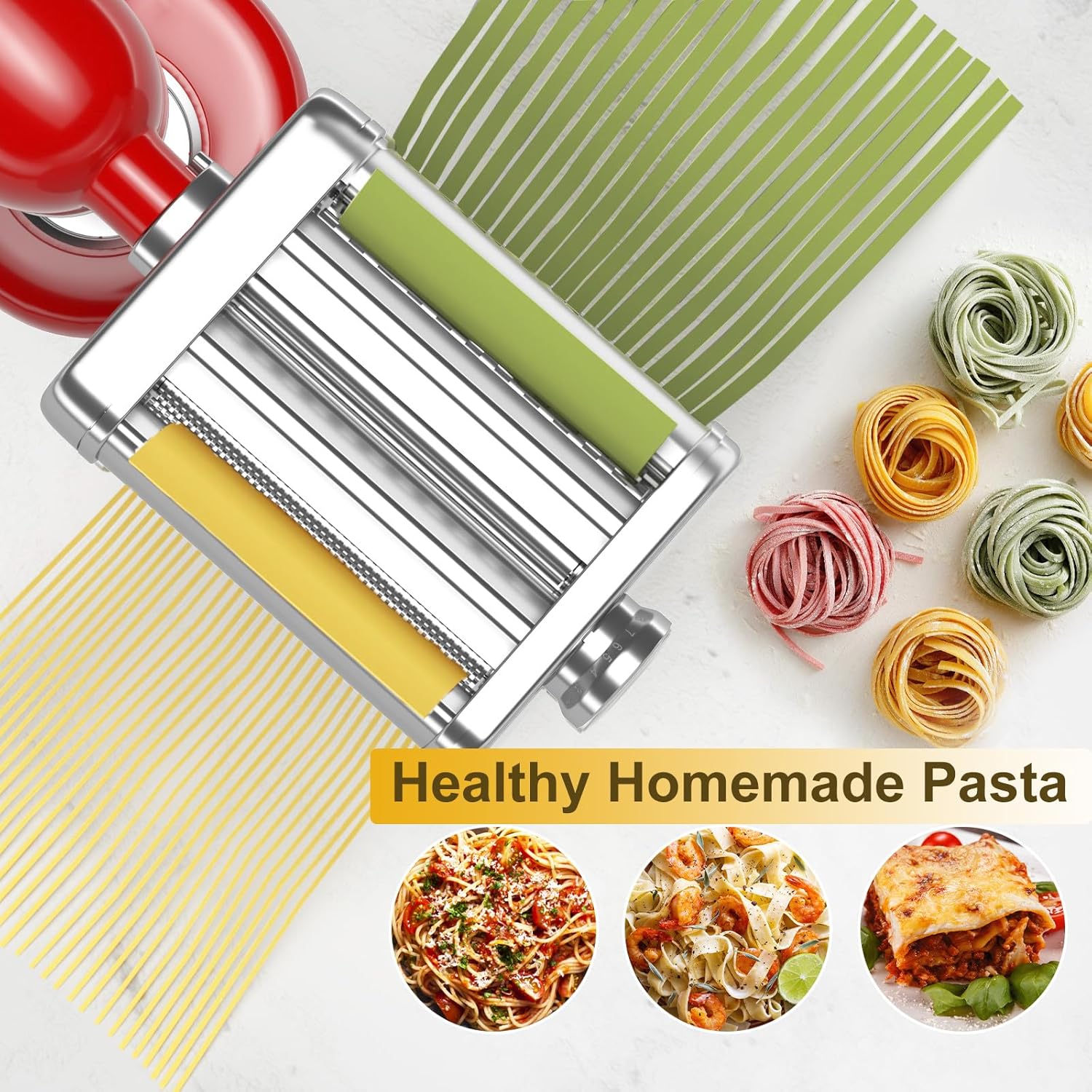 3IN1 Pasta Maker Attachment for All KitchenAid Mixers, Kitchen aid Pasta Attachment Includes Pasta Sheet Roller, Spaghetti Cutter & Fettuccine Cutter, with Cleaning Brush