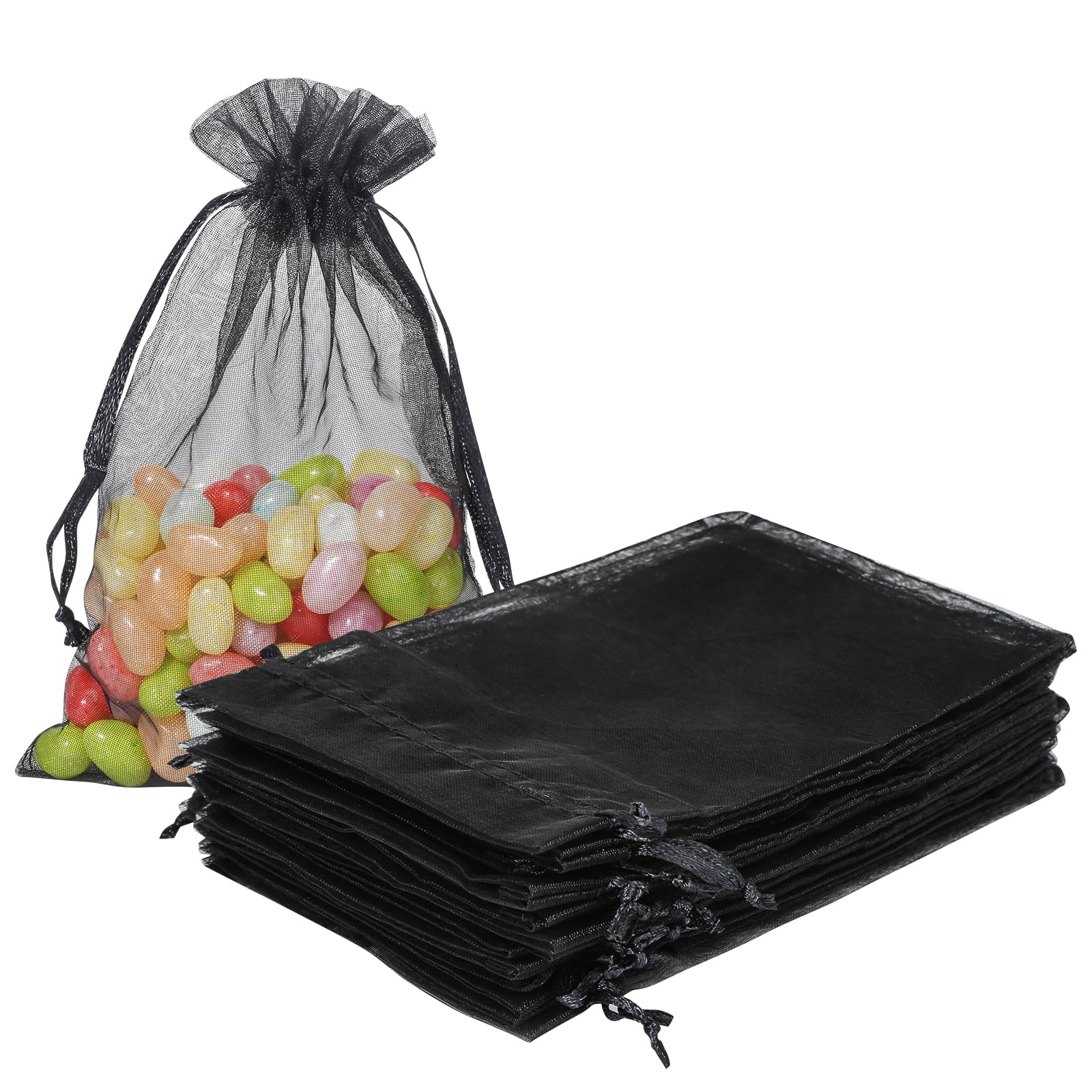 50PCS Sheer Organza Bags, Wedding Favor Bags with Drawstring, 4x6 inches Jewelry Gift Bags for Party, Jewelry, Festival, Makeup (Black)