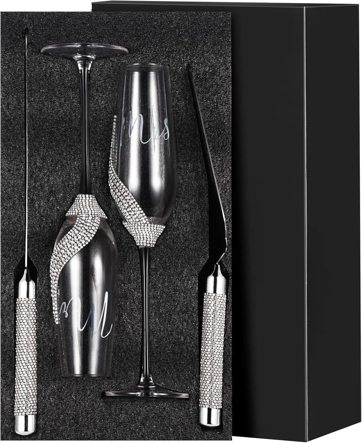 Sratte 4 Pcs Wedding Cake Knife and Champagne Flutes Server Set, Toasting Crystal Rhinestone Champagne Flutes Glasses Cake Knife Pie Server Wedding Gifts for Couple Bride Groom (Silver) - Image 2